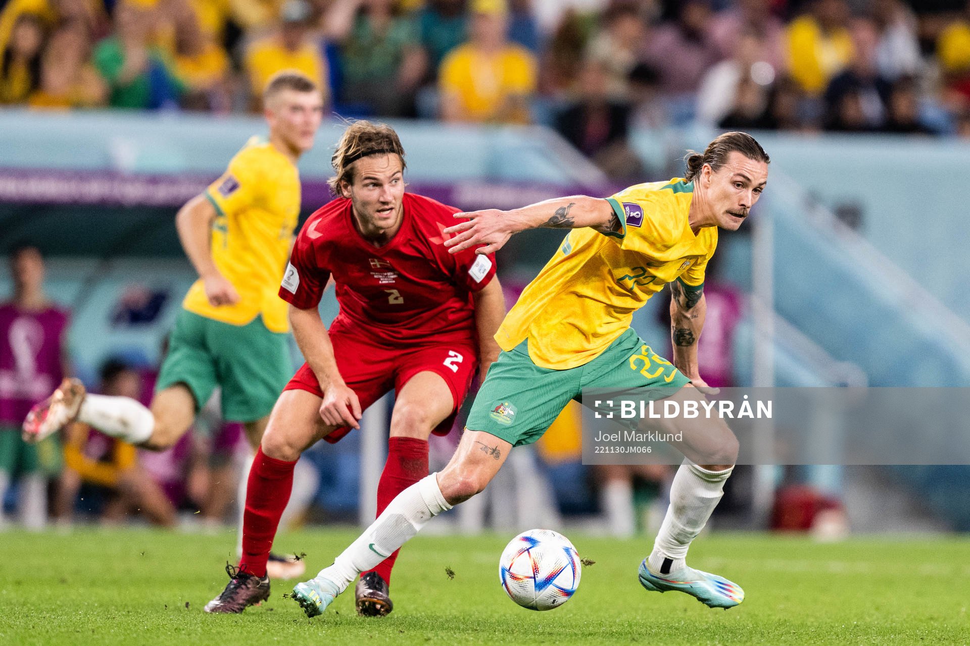 Joachim Andersen of Denmark and Jackson Irvine of Australia