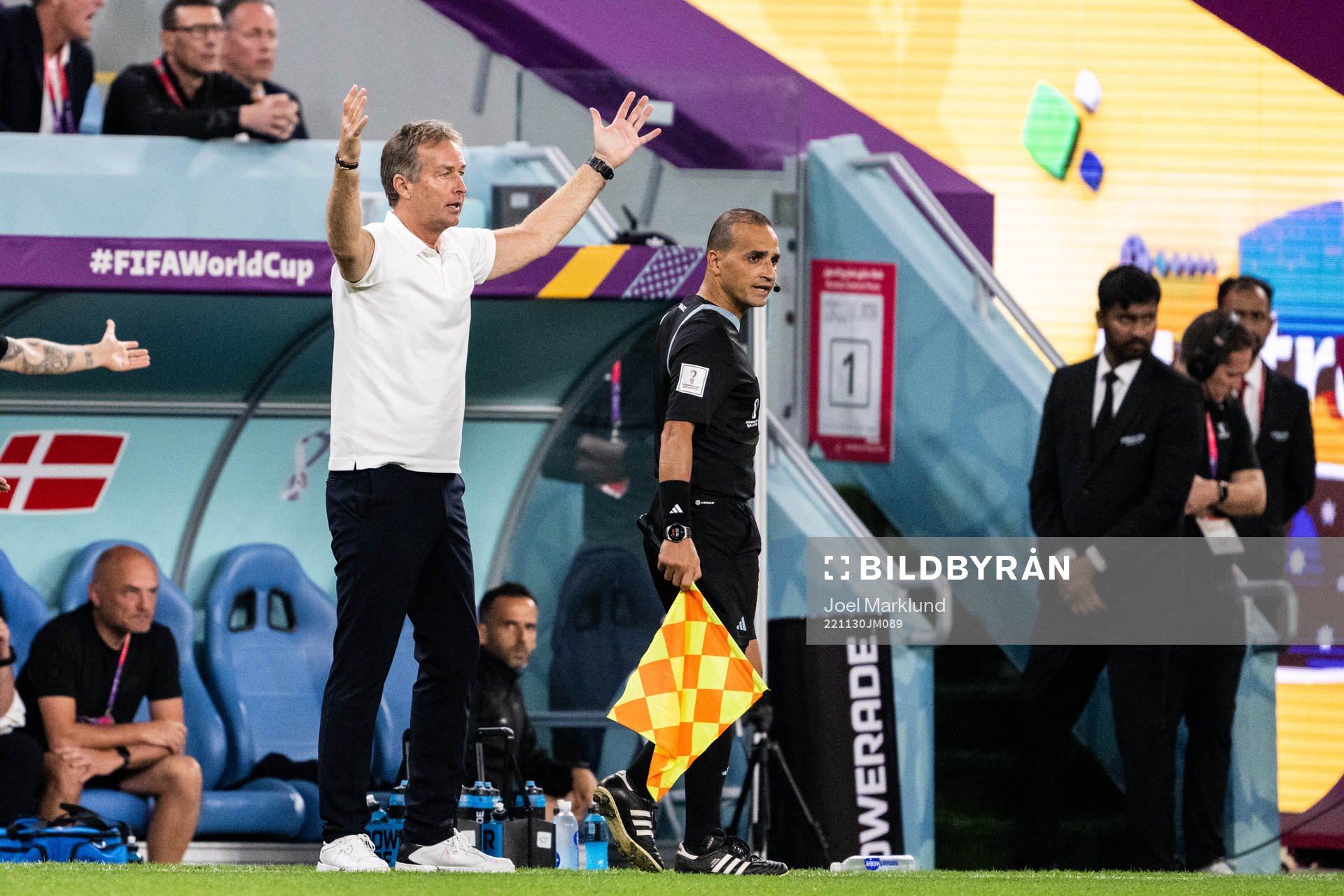 Head coach Kasper Hjulmand of Denmark reacts during the FIFA World Cup 2022 football match between Australia and Denmark on November 30, 2022 in Doha.