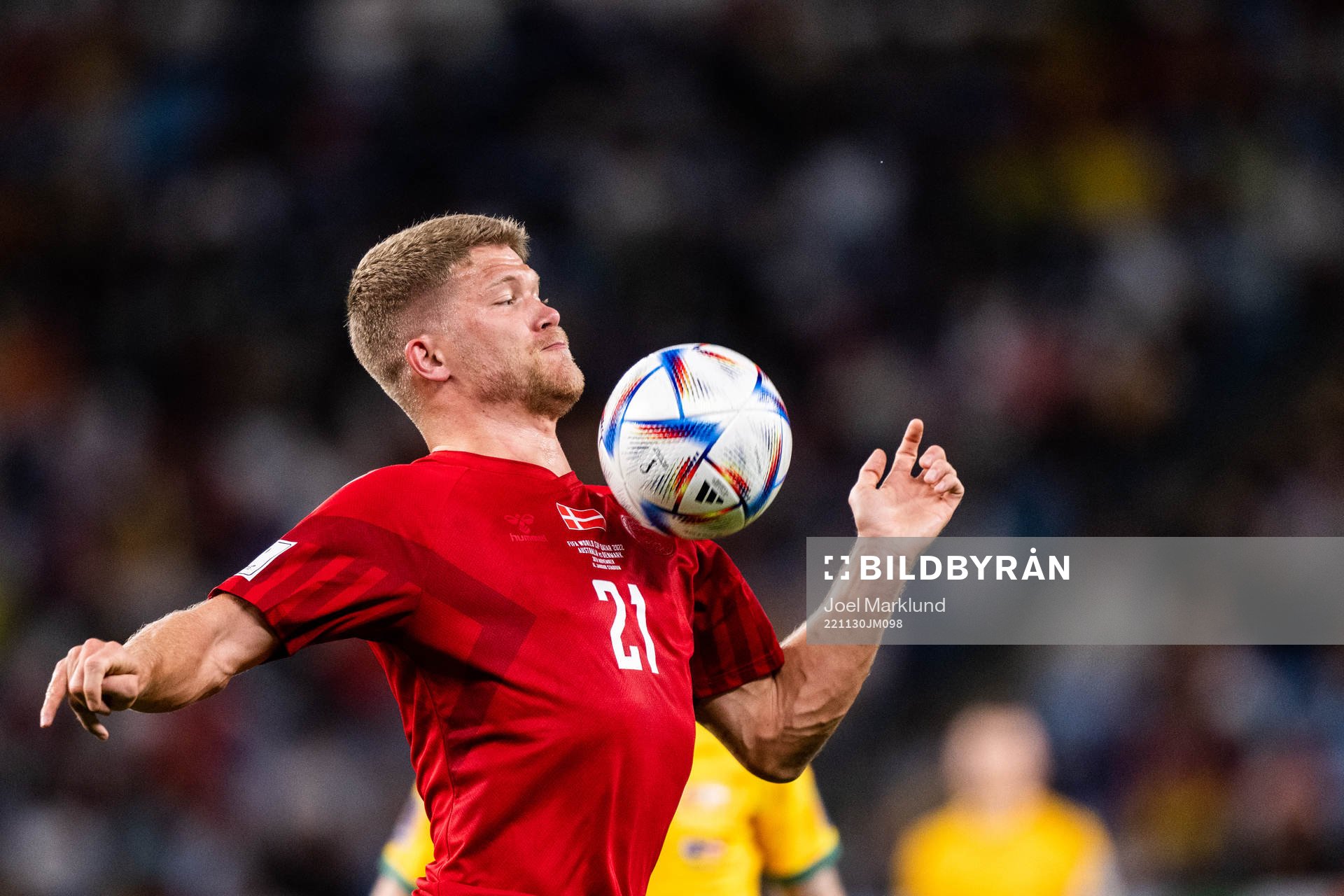 Andreas Cornelius of Denmark during the FIFA World Cup 2022 football match between Australia and Denmark on November 30, 2022 in Doha.