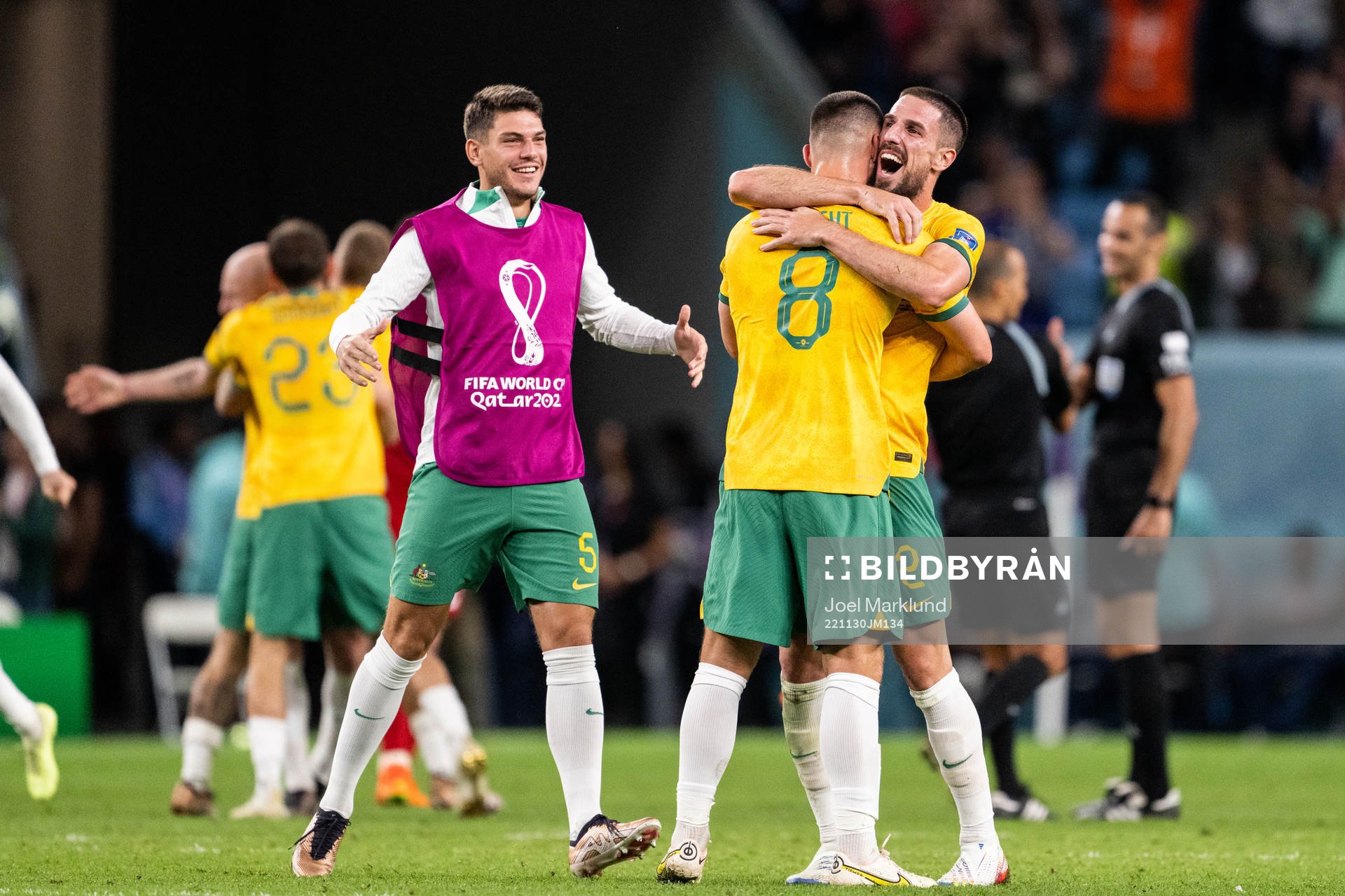 Fran Karacic, Bailey Wright and Milos Degenek of Australia