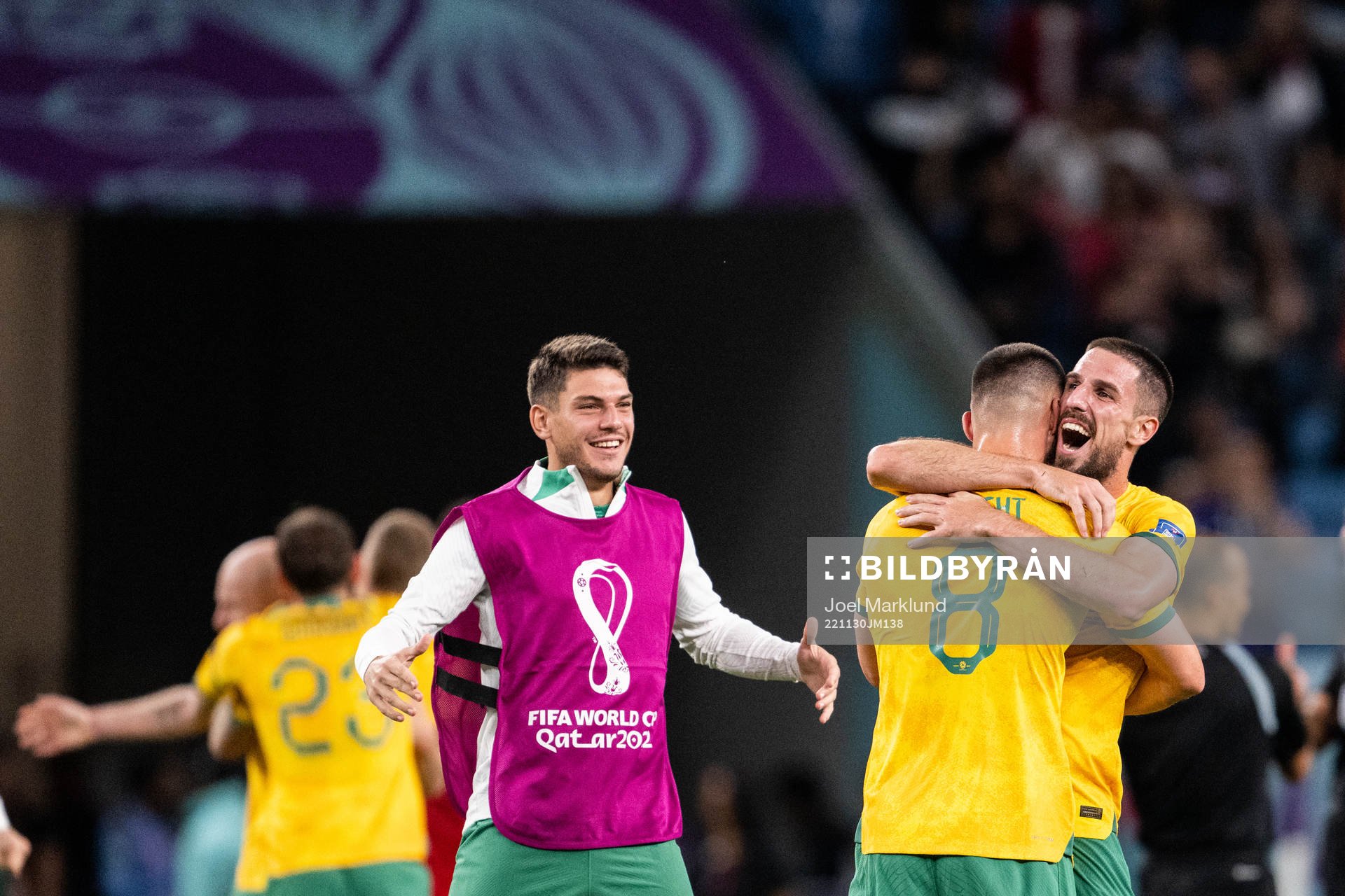 Fran Karacic, Bailey Wright and Milos Degenek of Australia