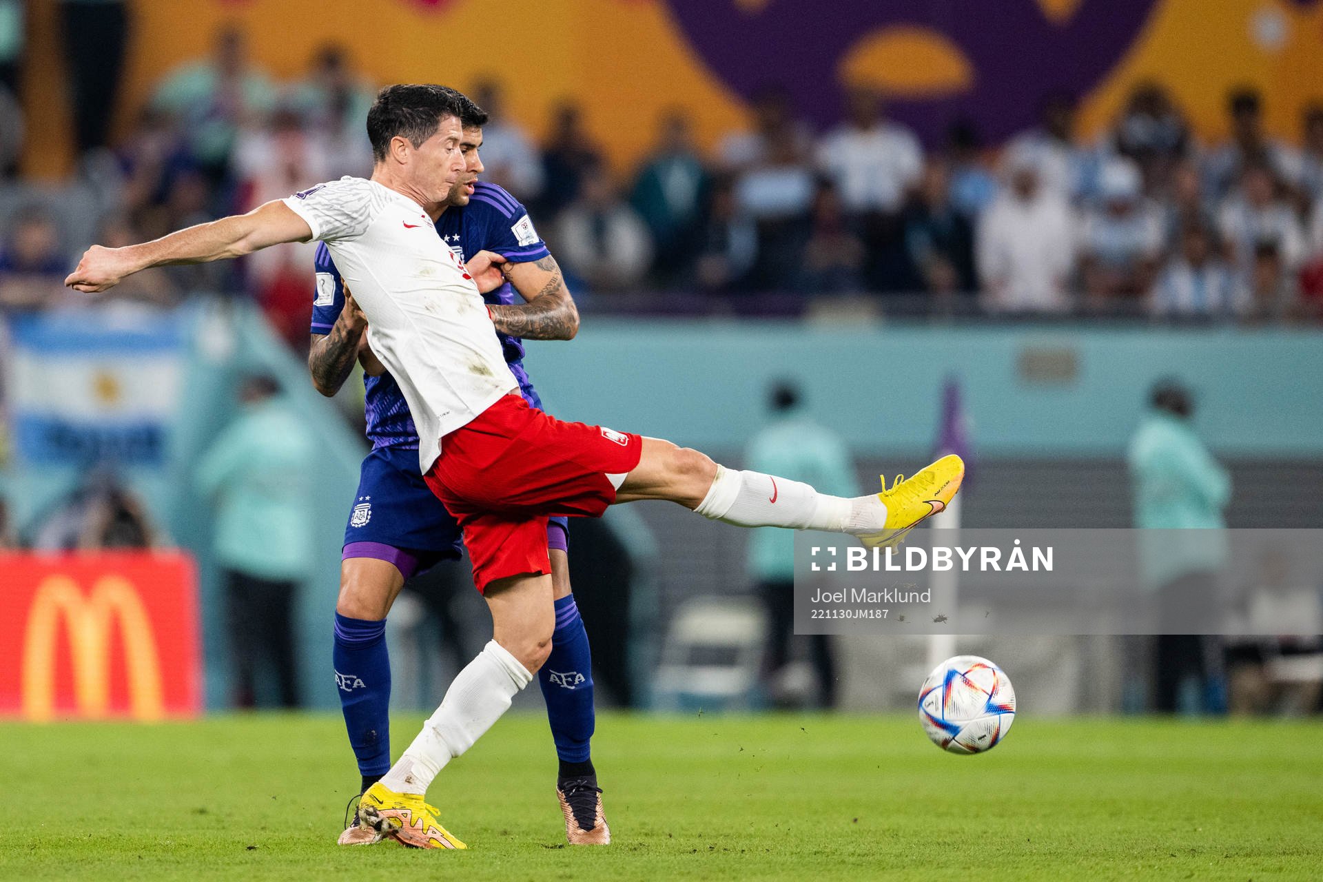 Robert Lewandowski of Poland and Cristian Romero of