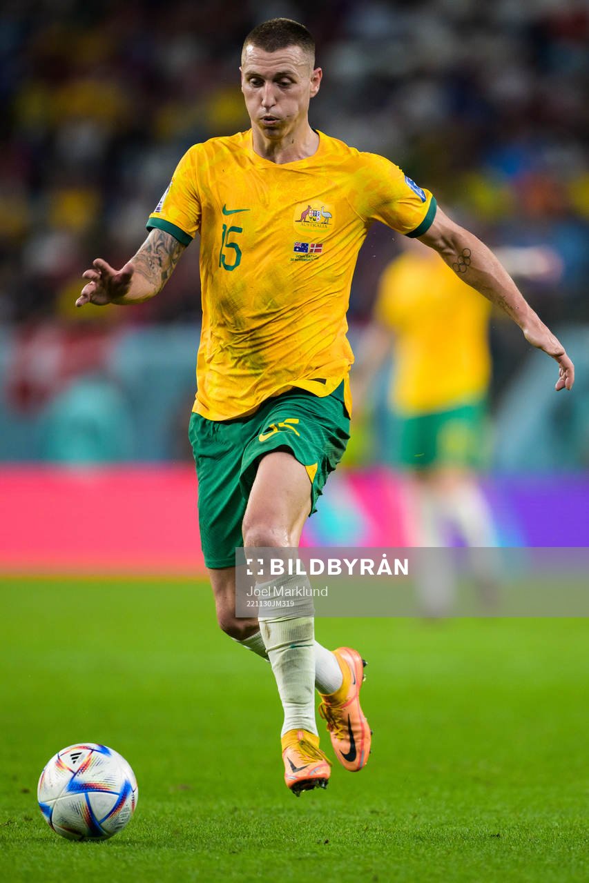 Mitchell Duke of Australia during the FIFA World Cup 2022 football match between Australia and Denmark on November 30, 2022 in Doha.