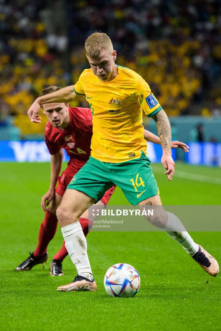 Mikkel Damsgaard of Denmark and Riley McGree of Australia