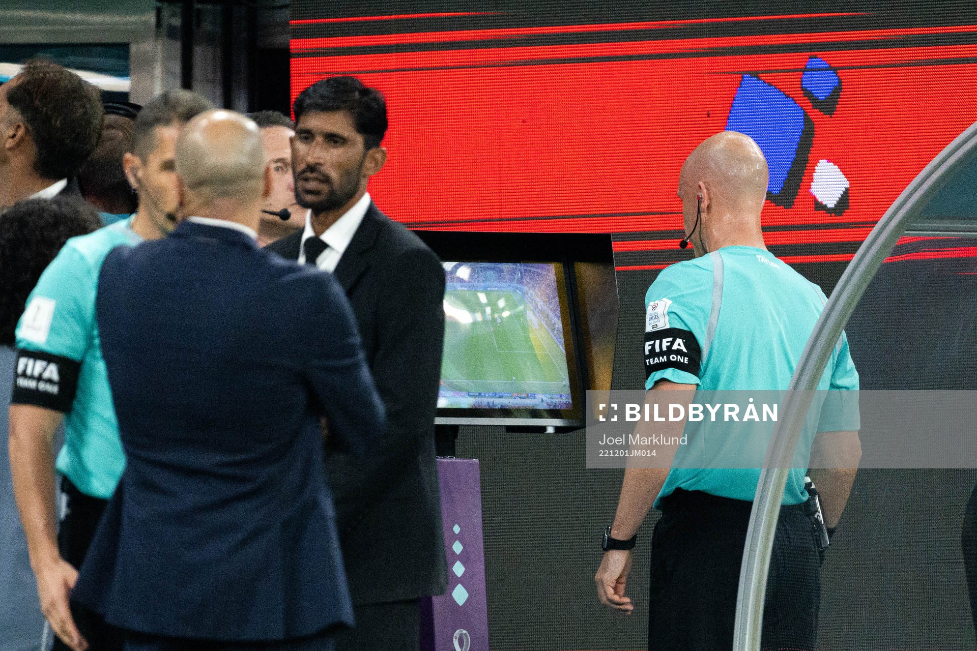 VAR review during the FIFA World Cup 2022 football match between Croatia and Belgium on December 1, 2022 in Doha.