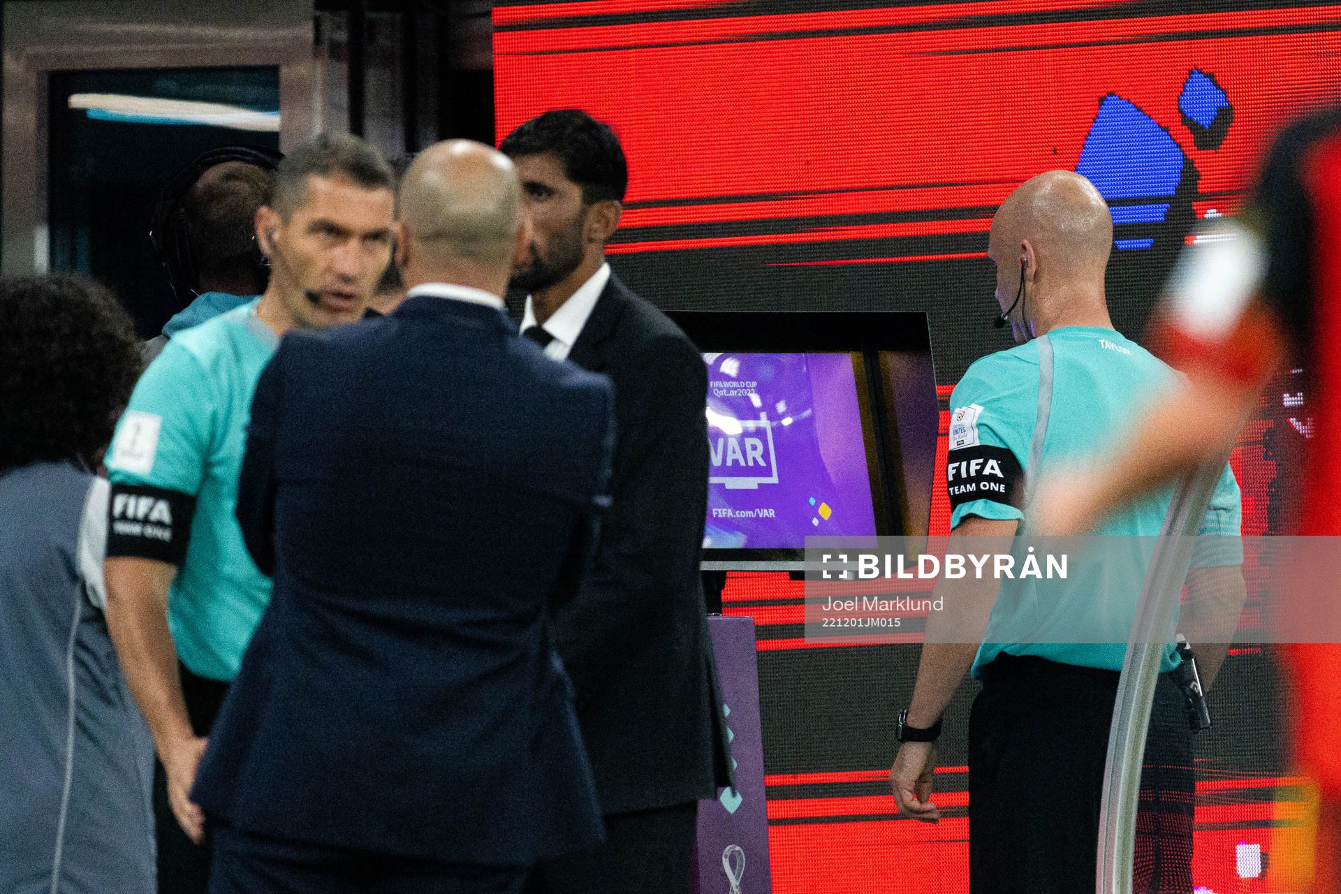 VAR review during the FIFA World Cup 2022 football match between Croatia and Belgium on December 1, 2022 in Doha.