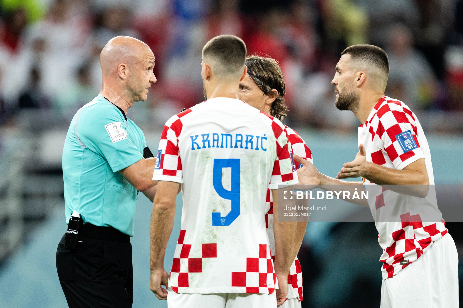 Luka Modric, Andrej Kramaric and Mateo Kovacic of Croatia reacts during the FIFA World Cup 2022 football match between Croatia and Belgium on December 1, 2022 in Doha.