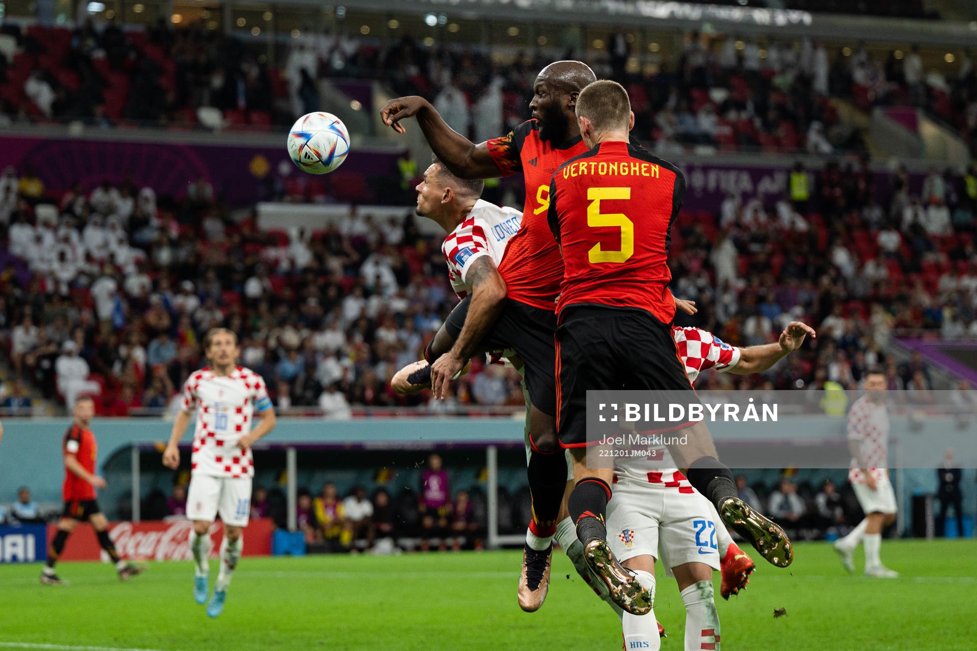 Dejan Lovren of Croatia against Romelu Lukaku and Jan Vertonghen of Belgium during the FIFA World Cup 2022 football match between Croatia and Belgium on December 1, 2022 in Doha.