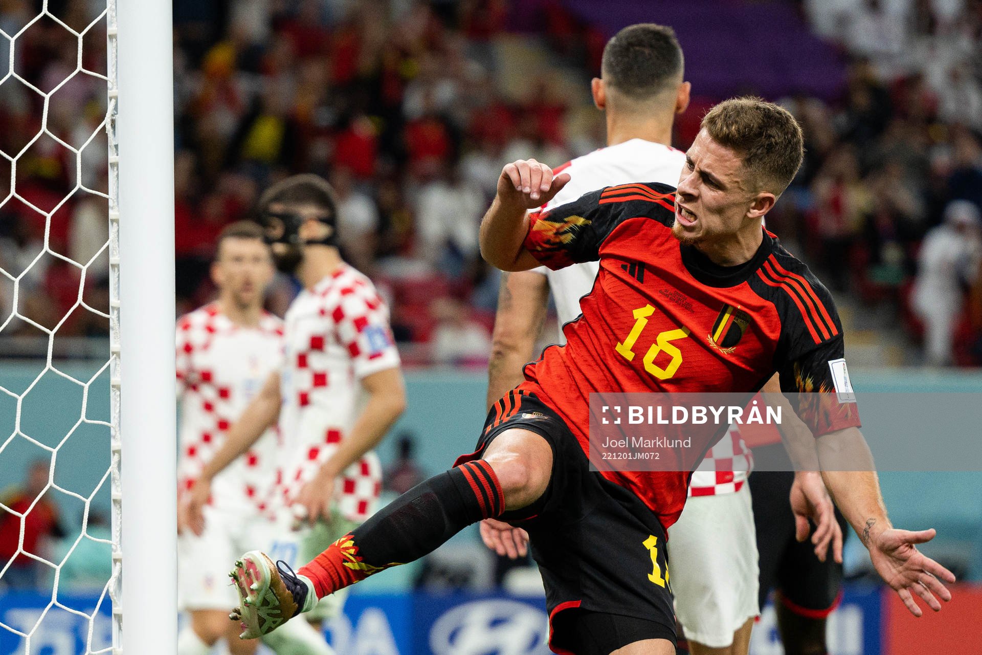 Thorgan Hazard of Belgium reacts