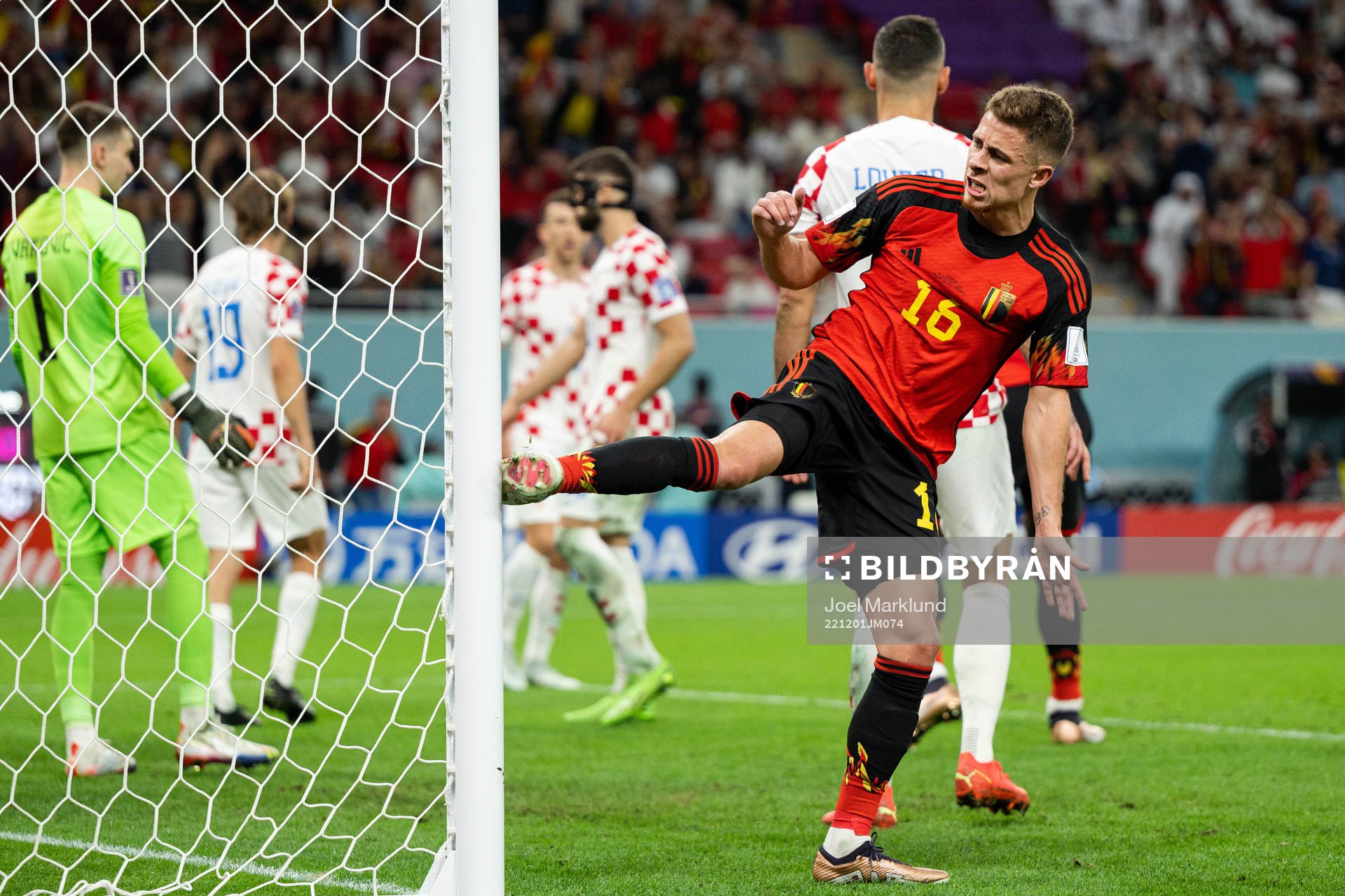 Thorgan Hazard of Belgium reacts