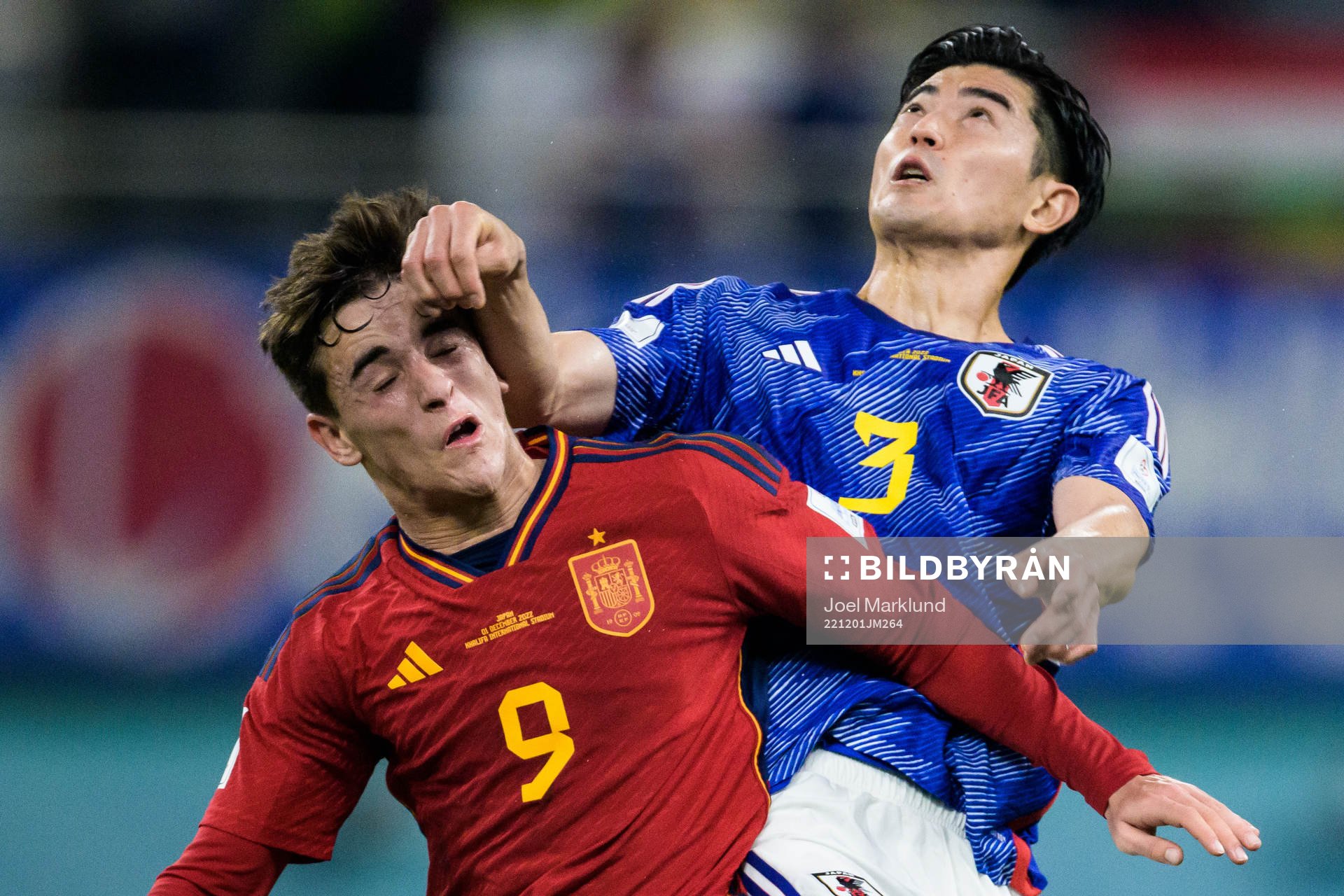 Gavi of Spain and Shogo Taniguchi of Japan during the FIFA World Cup 2022 football match between Japan and Spain on December 1, 2022 in Doha.