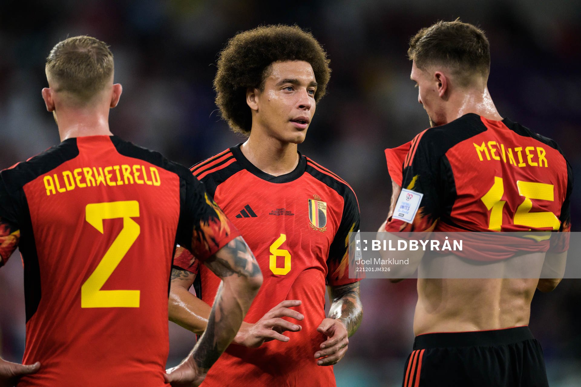 Toby Alderweireld, Axel Witsel and Thomas Meunier of Belgium during the FIFA World Cup 2022 football match between Croatia and Belgium on December 1, 2022 in Doha.