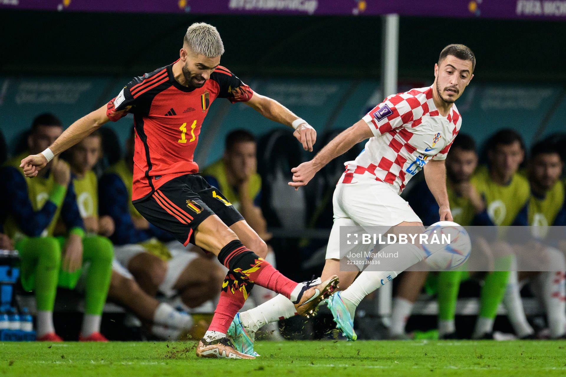 Yannick Carrasco of Belgium and Josip Juranovic of Croatia during the FIFA World Cup 2022 football match between Croatia and Belgium on December 1, 2022 in Doha.