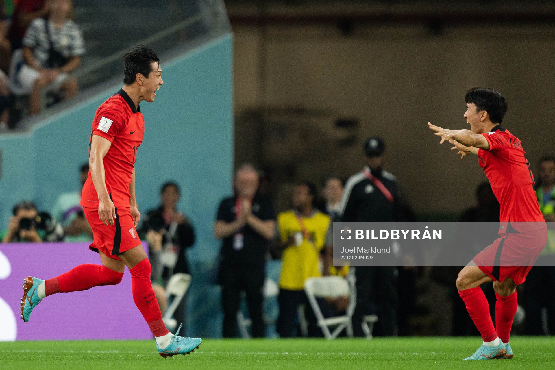 Younggwon Kim and Inbeom Hwang of South Korea celebrate the 1-1 goal during the FIFA World Cup 2022 football match between South Korea and Portugal on December 2, 2022 in Doha.