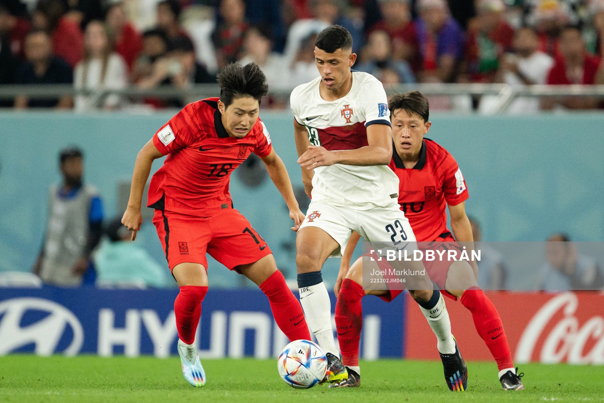 Kangin Lee and Jaesung Lee of South Korea against Matheus Nunes of Portugal during the FIFA World Cup 2022 football match between South Korea and Portugal on December 2, 2022 in Doha.