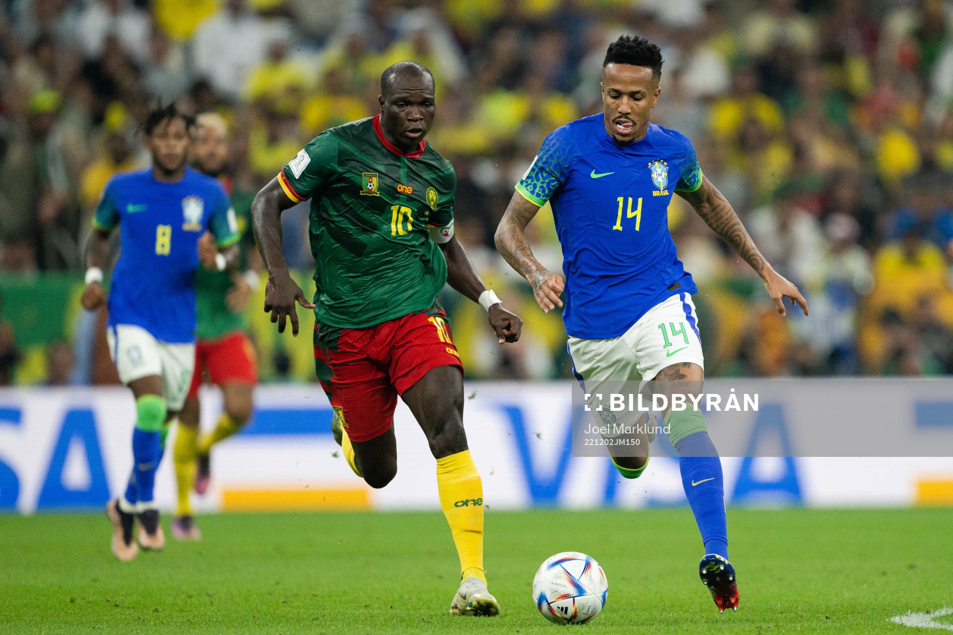 Vincent Aboubakar of Cameroon and Eder Militao of Brazil