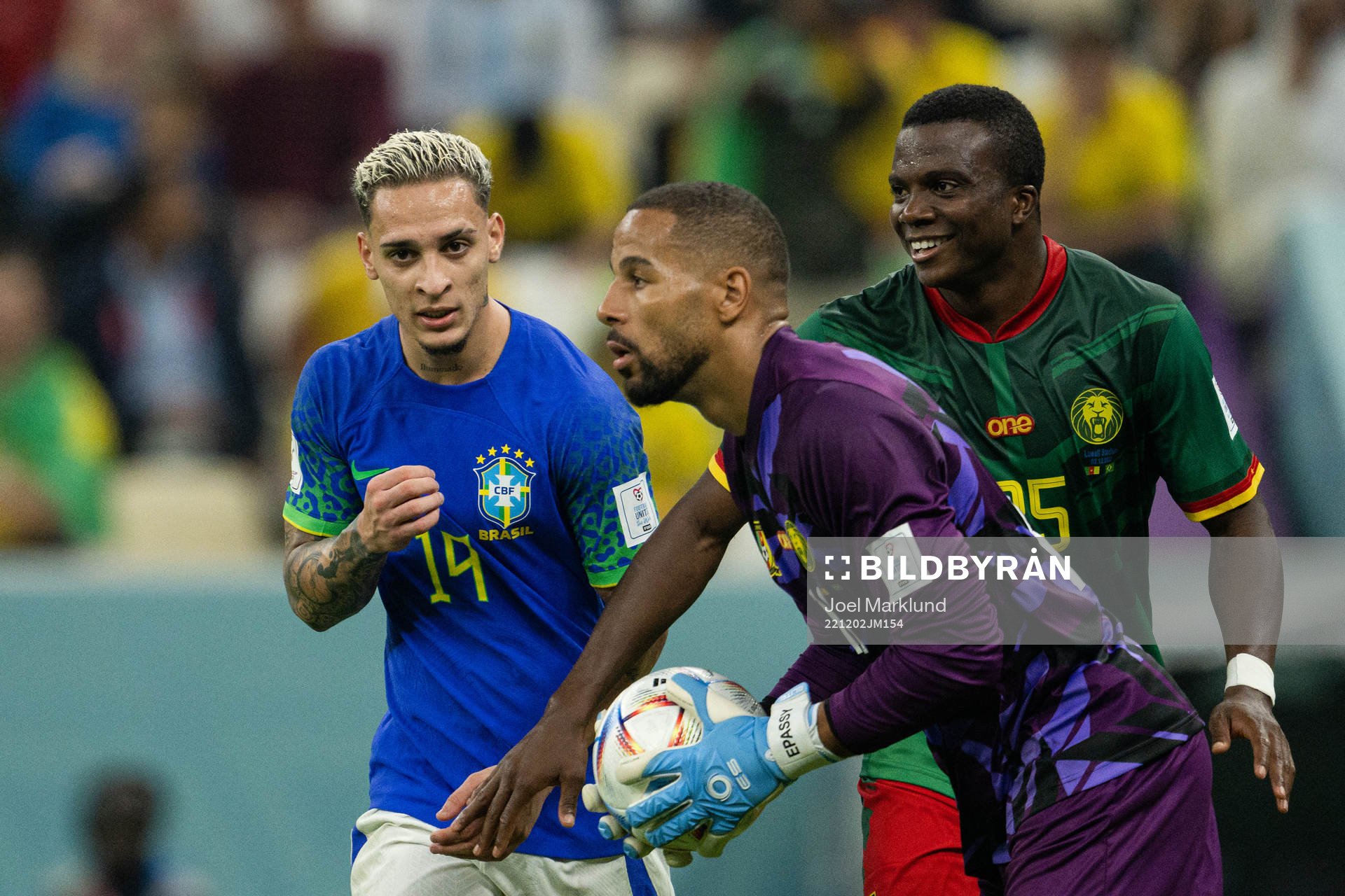Antony of Brazil against goalkeeper Devis Epassy and Nouhou