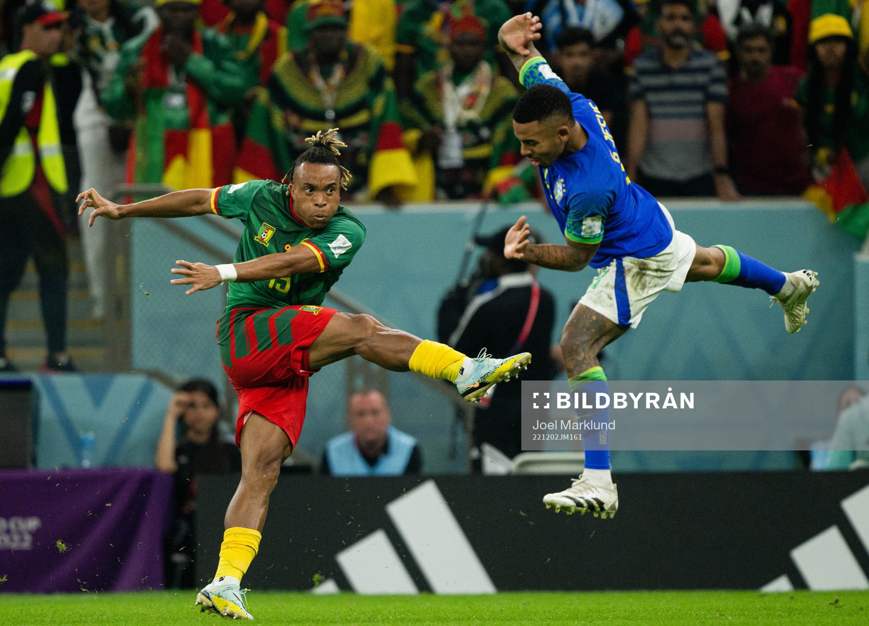 Pierre Kunde of Cameroon and Gabriel Jesus of Brazil during the FIFA World Cup 2022 football match between Cameroon and Brazil on December 2, 2022 in Doha.