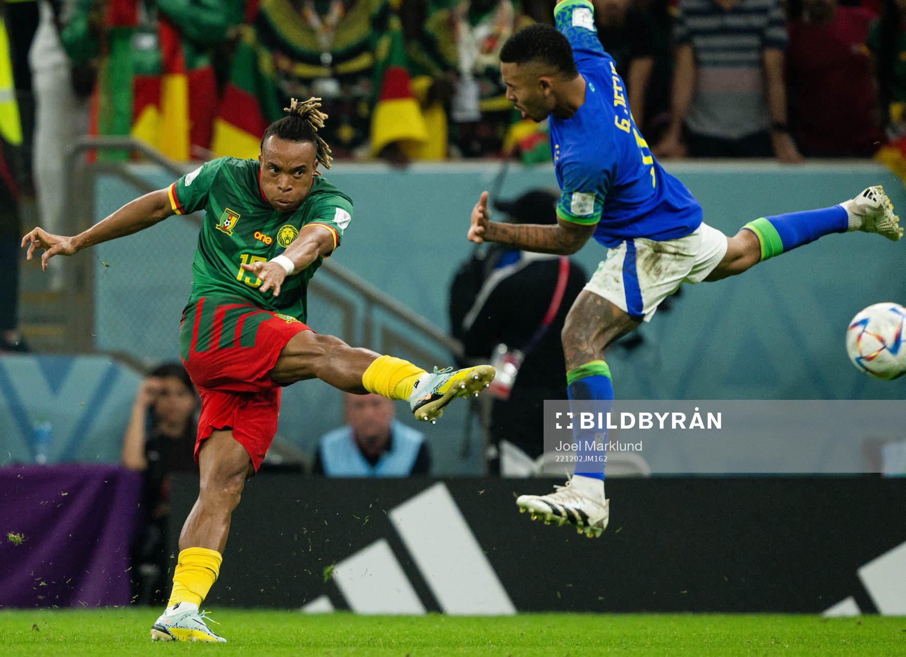 Pierre Kunde of Cameroon and Gabriel Jesus of Brazil during the FIFA World Cup 2022 football match between Cameroon and Brazil on December 2, 2022 in Doha.