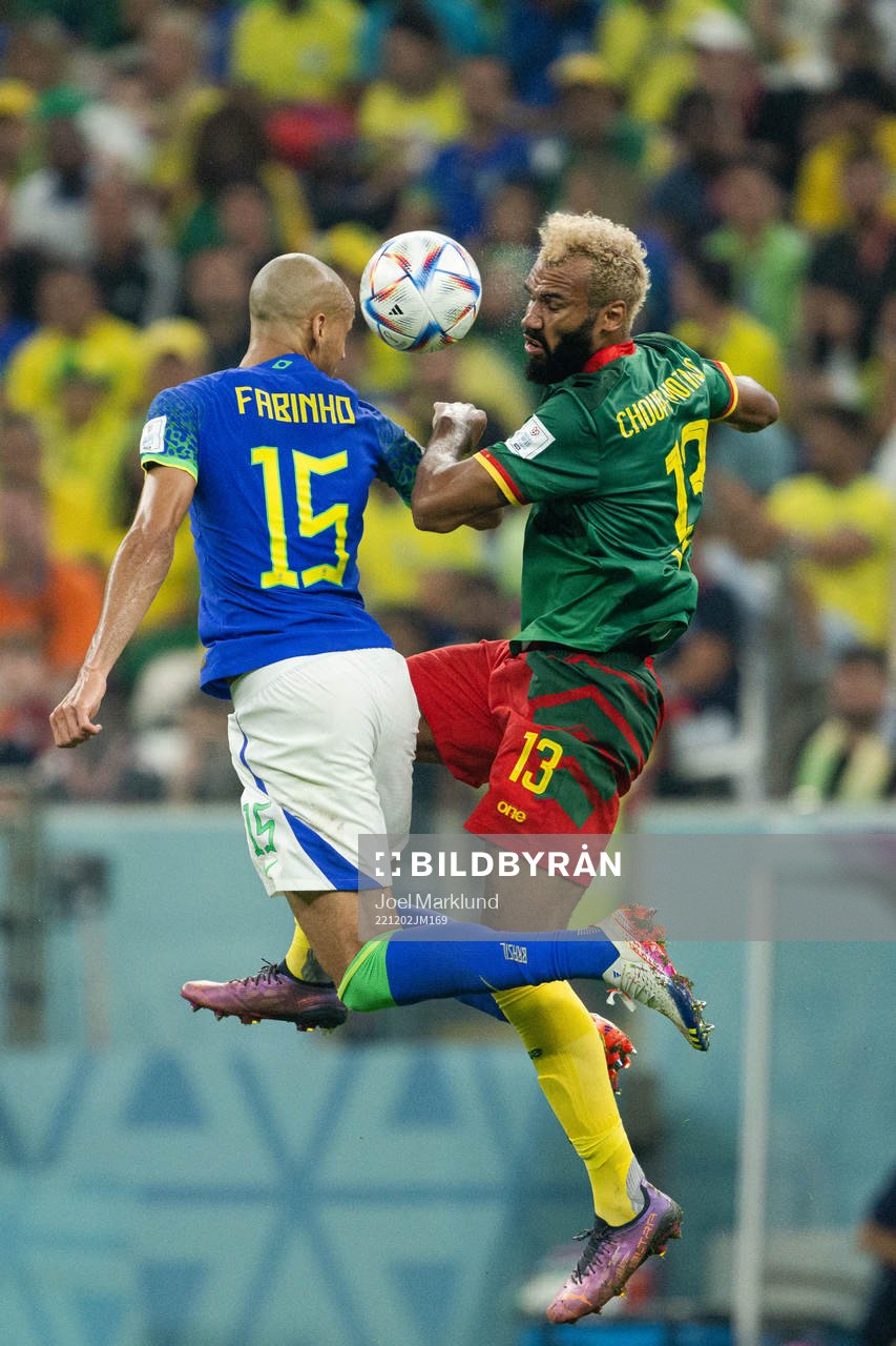 Fabinho of Brazil and Eric Maxim Choupo-Moting of Cameroon during the FIFA World Cup 2022 football match between Cameroon and Brazil on December 2, 2022 in Doha.
