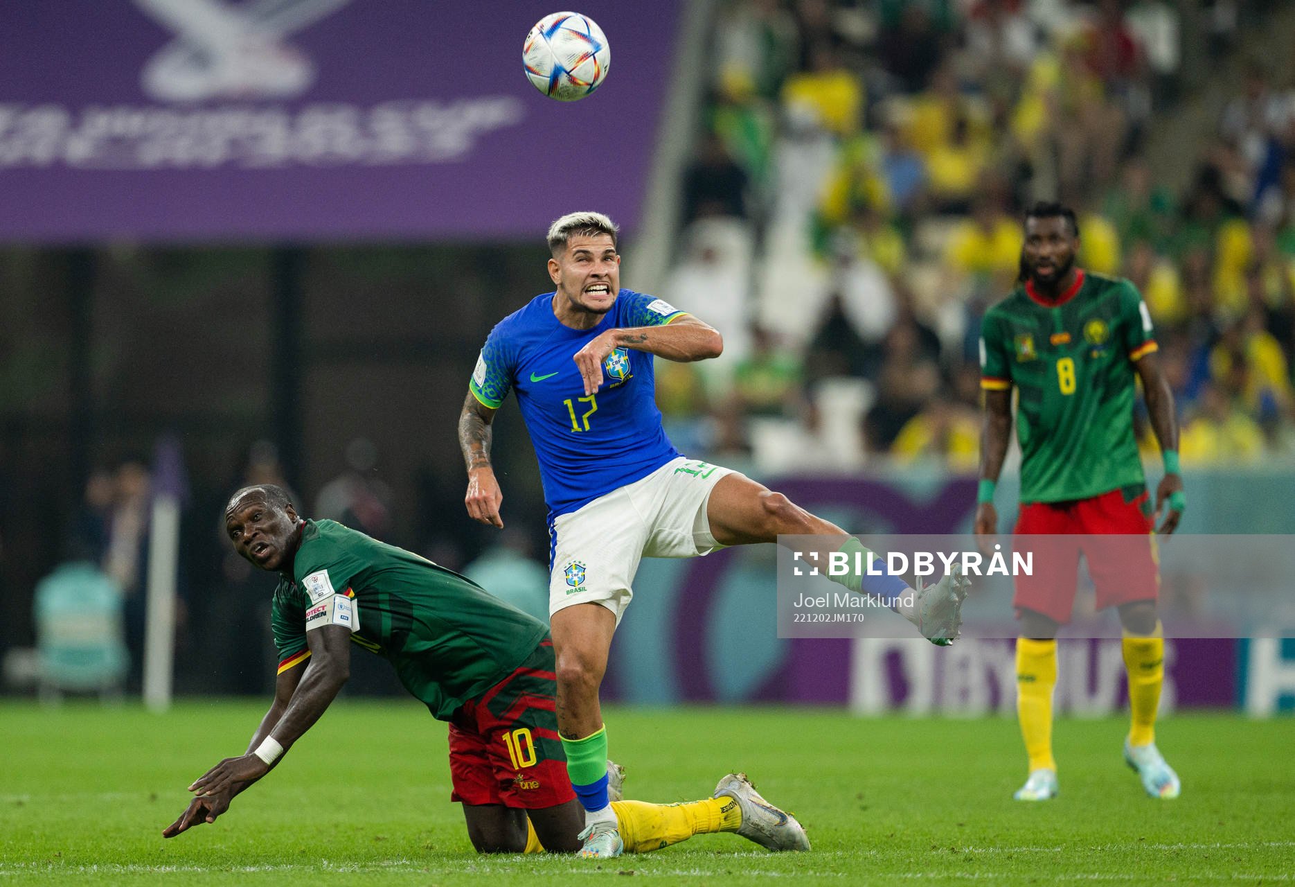 Vincent Aboubakar of Cameroon and Bruno Guimaraes of Brazil during the FIFA World Cup 2022 football match between Cameroon and Brazil on December 2, 2022 in Doha.