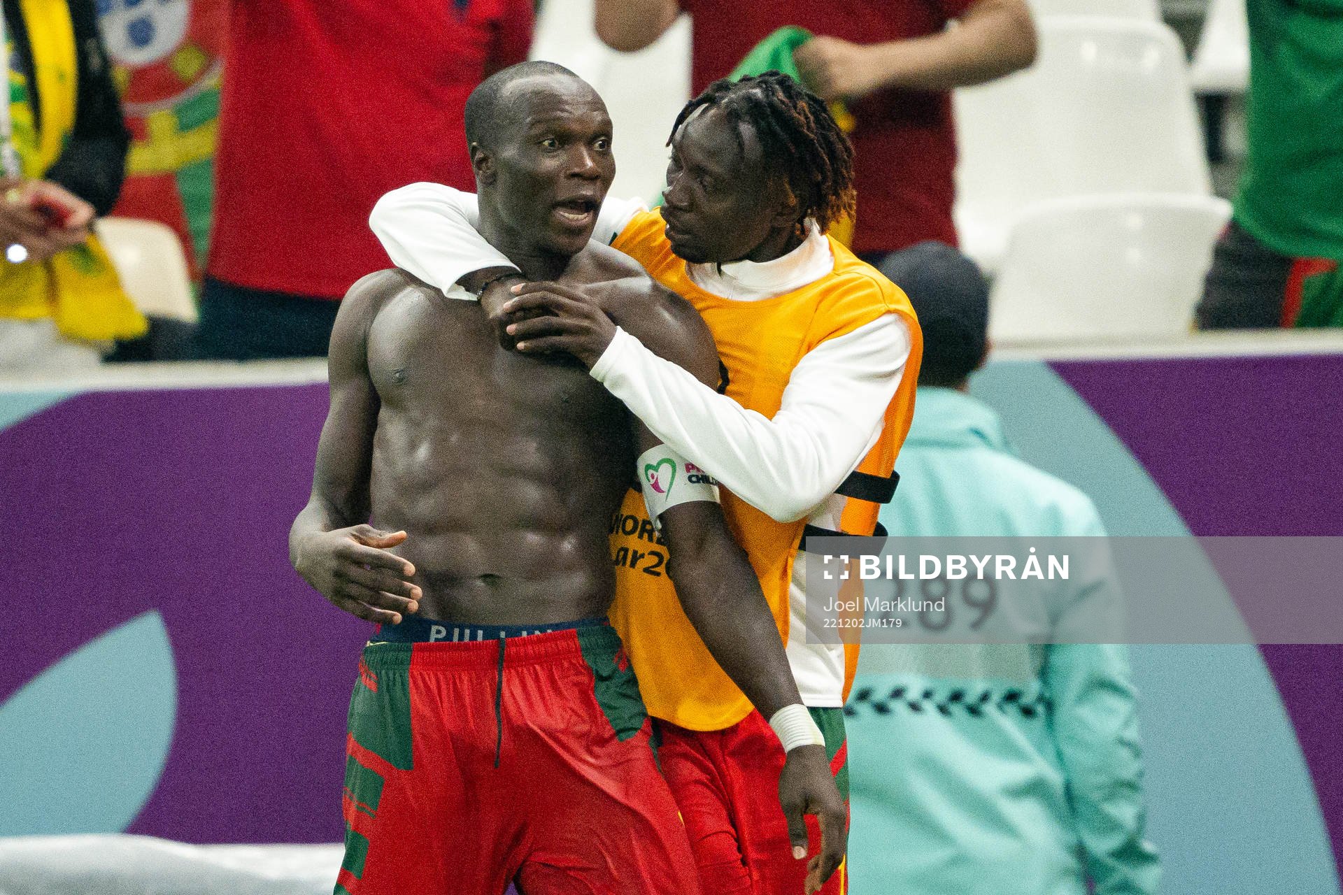Vincent Aboubakar and Olivier Mbaizo of Cameroon celebrate te 1-0 goal during the FIFA World Cup 2022 football match between Cameroon and Brazil on December 2, 2022 in Doha.