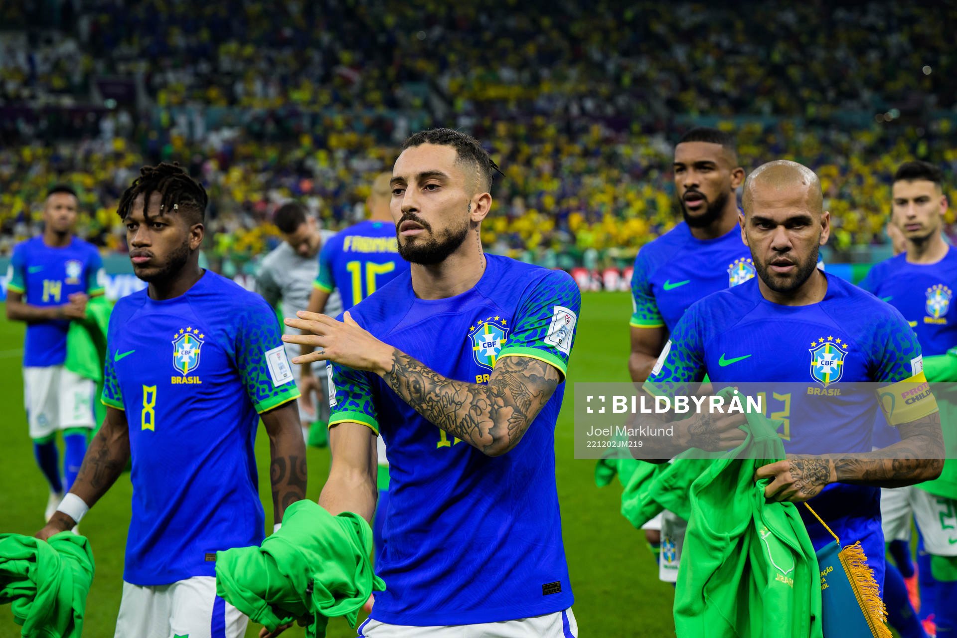 Fred, Alex Telles and Dani Alves of Brazil ahead of the FIFA World Cup 2022 football match between Cameroon and Brazil on December 2, 2022 in Doha.