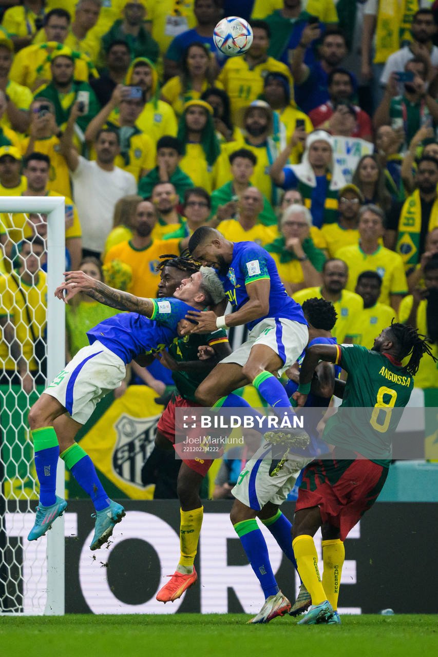 Pedro, Bremer and Marquinhos of Brazil challenge Christopher Wooh and Andre-Frank Zambo Anguissa of Cameroon during the FIFA World Cup 2022 football match between Cameroon and Brazil on December 2, 2022 in Doha.