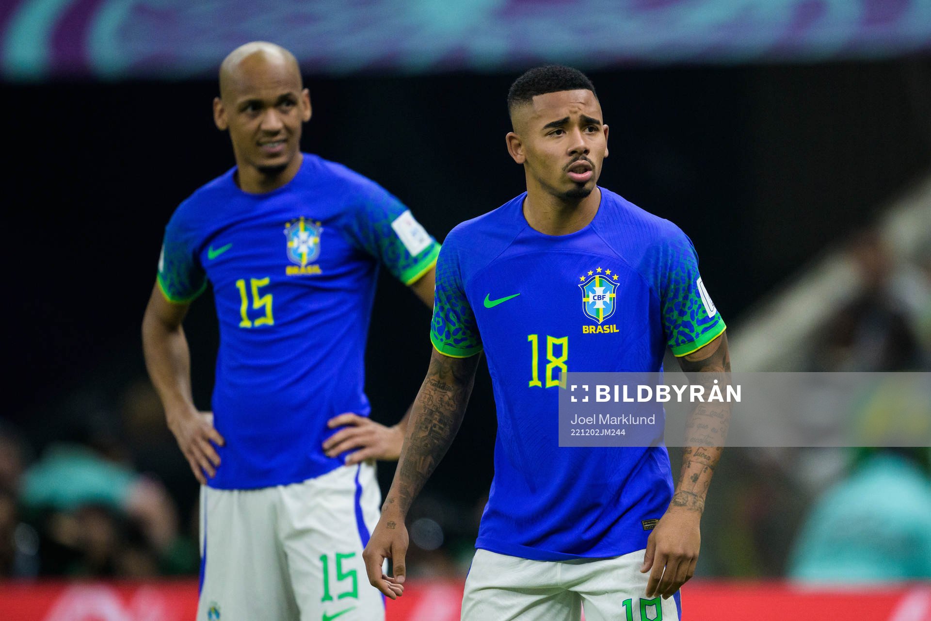 Fabinho and Gabriel Jesus of Brazil during the FIFA World Cup 2022 football match between Cameroon and Brazil on December 2, 2022 in Doha.