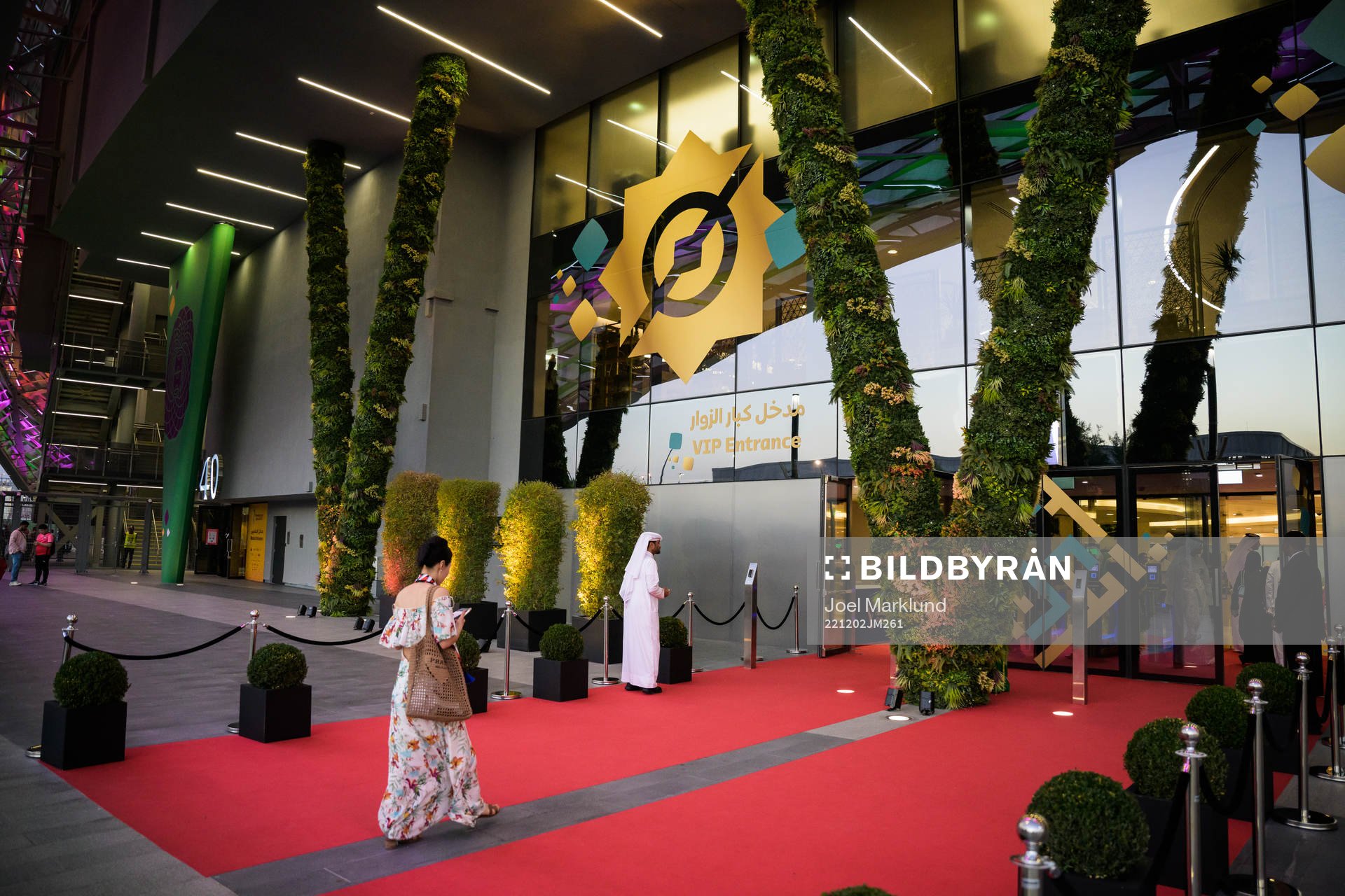 A woman walks at a red carpet to the VIP entrance
