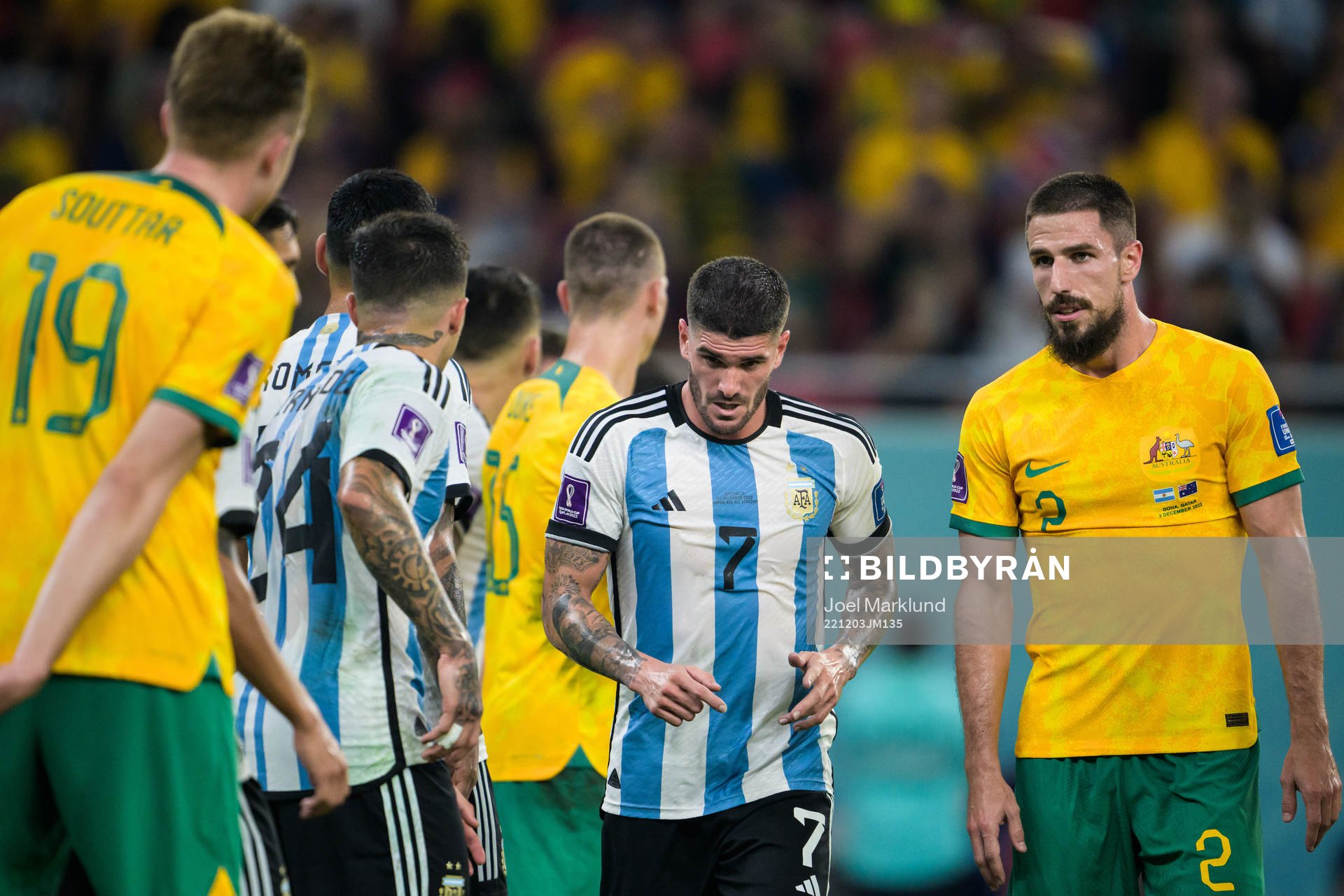 Rodrigo de Paul of Argentina and Milos Degenek of Australia