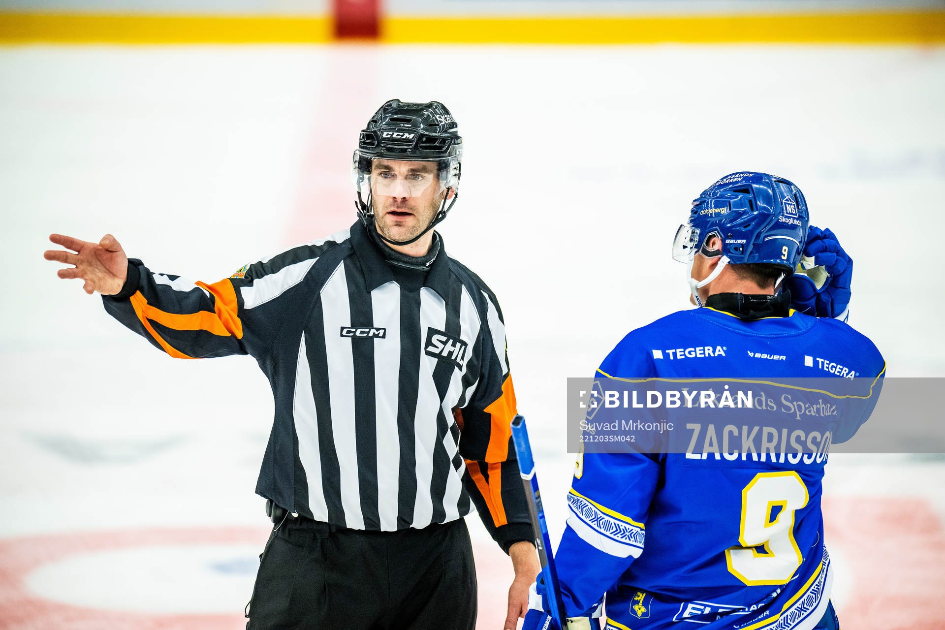 Domare Richard Magnusson diskuterar med Leksands Patrik