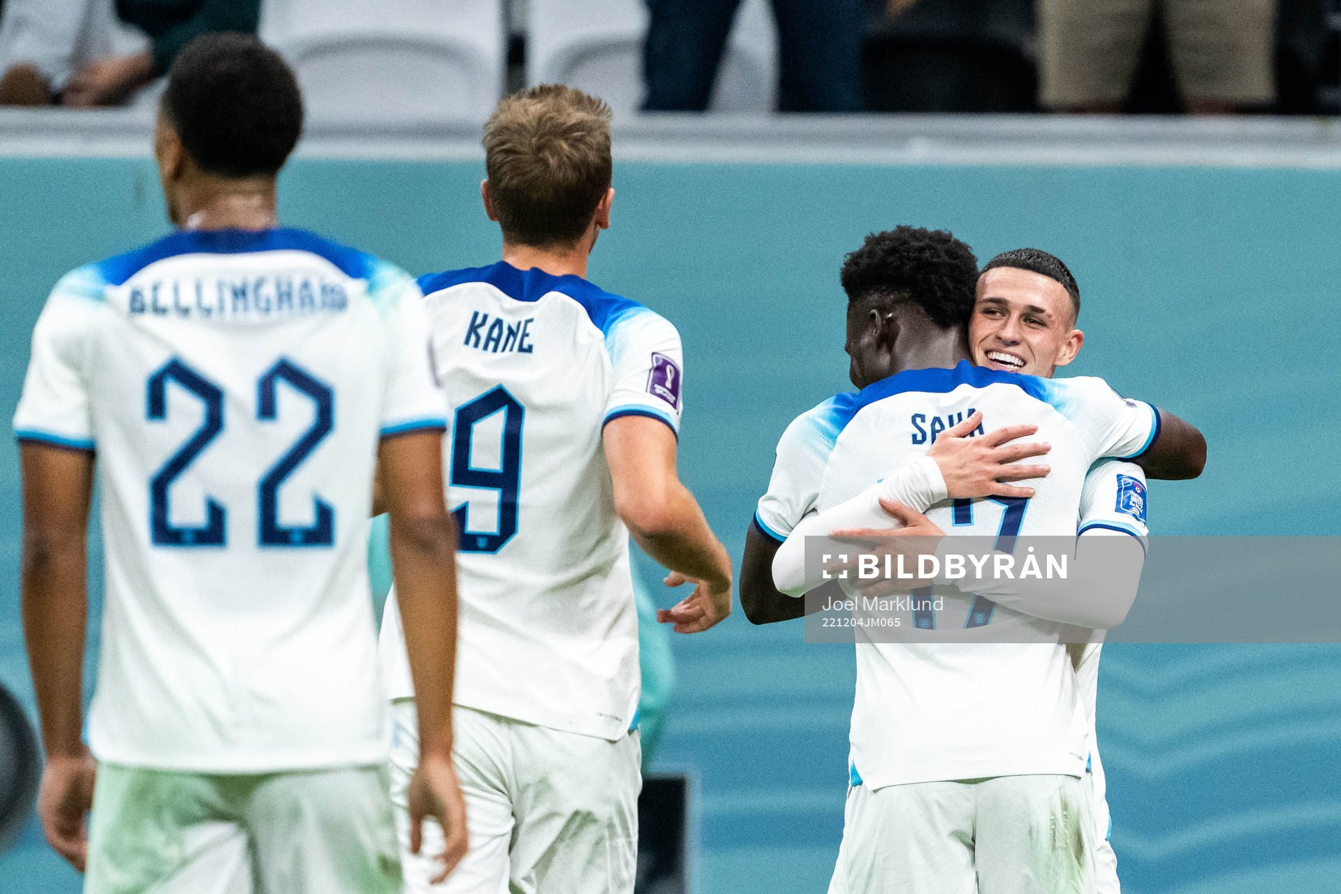 Bukayo Saka of England celebrates 3-0 with Phil Foden of