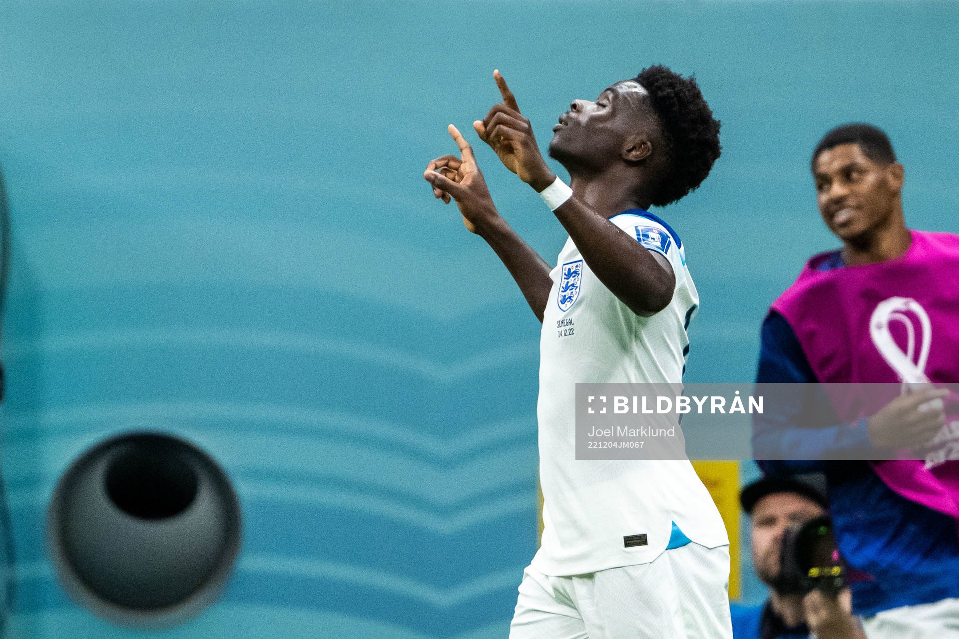 Bukayo Saka of England celebrates scoring 3-0 during the FIFA World Cup 2022 round of 16 football match between England and Senegal on December 4, 2022 in Doha.