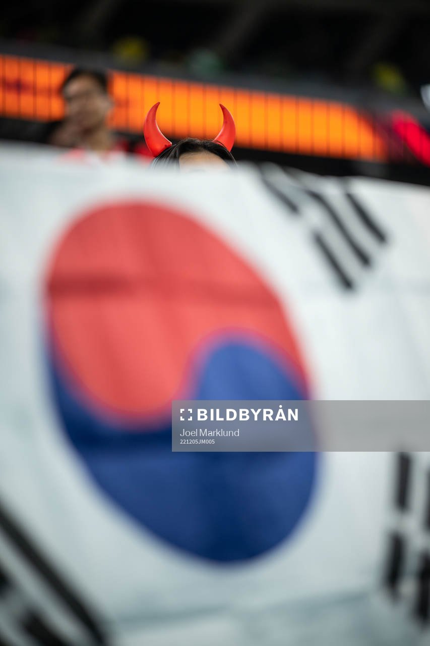 A fan of South Korea with devil horns in front of the South