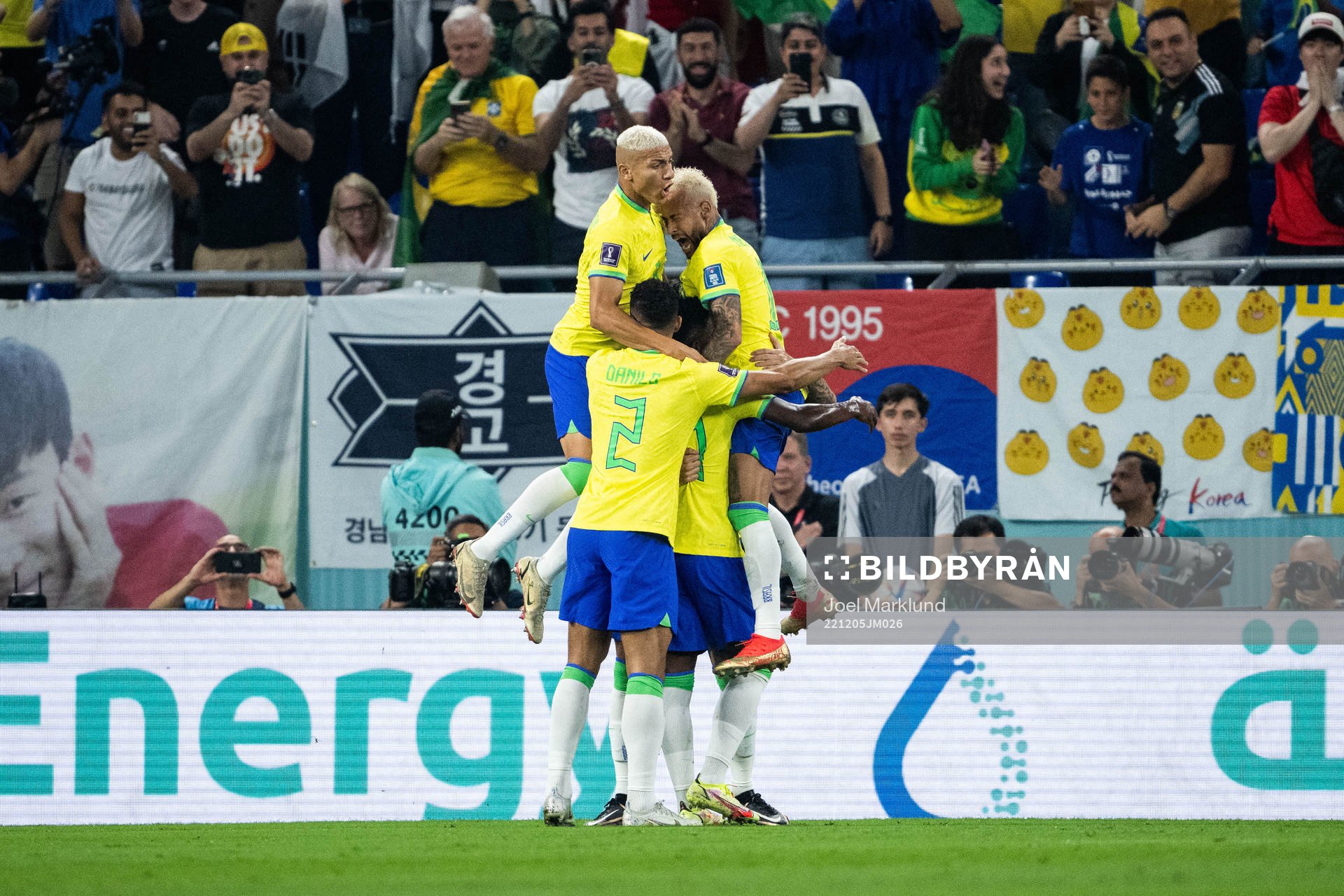 Vinicius Junior of Brazil celebrates with Richarlison, Neymar and Danilo after 1-0 during the FIFA World Cup 2022 round of 16 football match between Brazil and South Korea on December 5, 2022 in Doha.