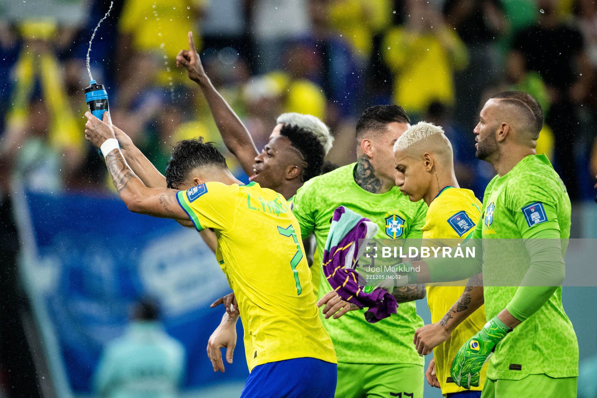 Players of Brazil celebrate after the FIFA World Cup 2022 round of 16 football match between Brazil and South Korea on December 5, 2022 in Doha.