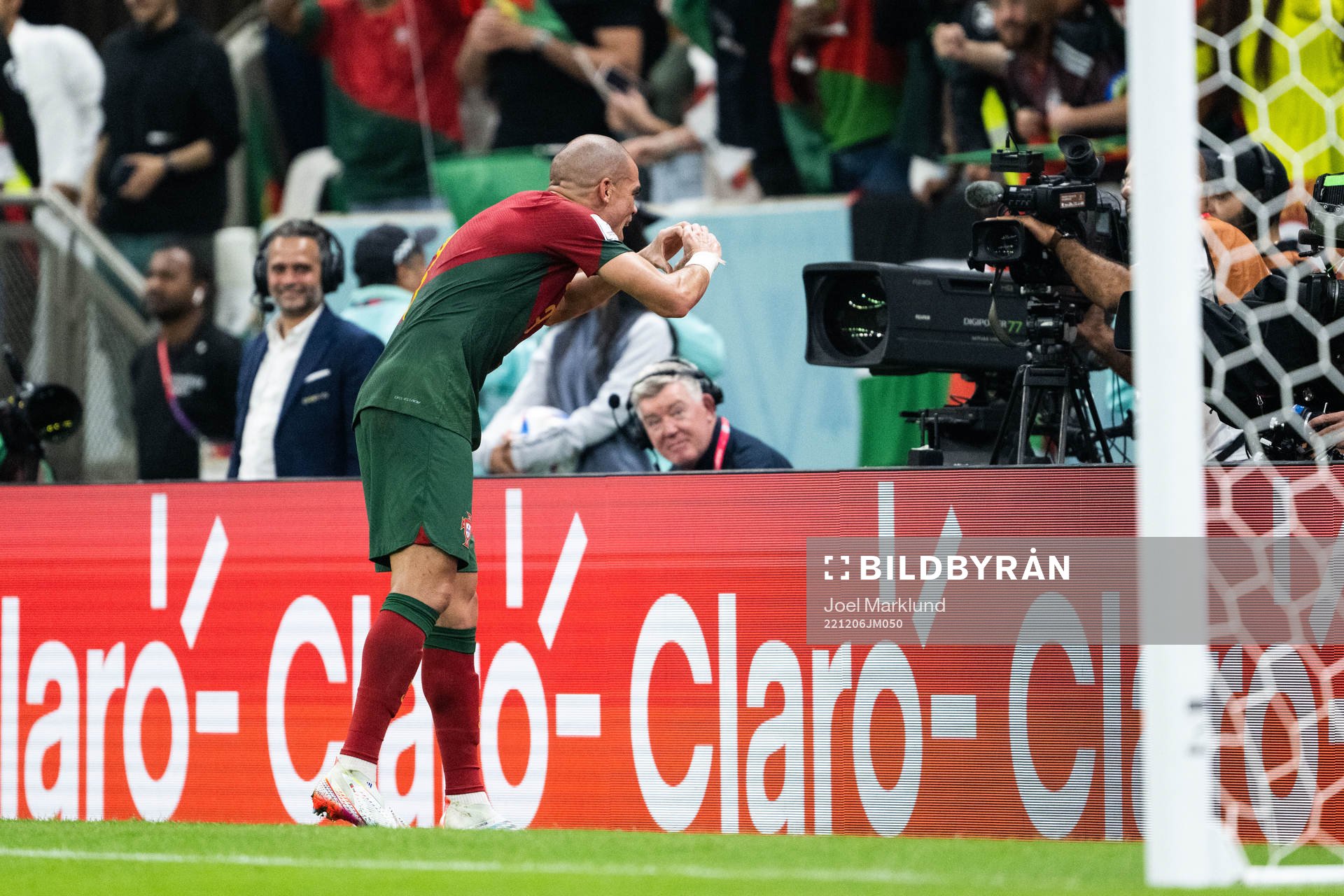 Pepe of Portugal celebrates in to a tv camera after 2-0 during the FIFA World Cup 2022 round of 16 football match between Portugal and Switzerland on December 6, 2022 in Doha.