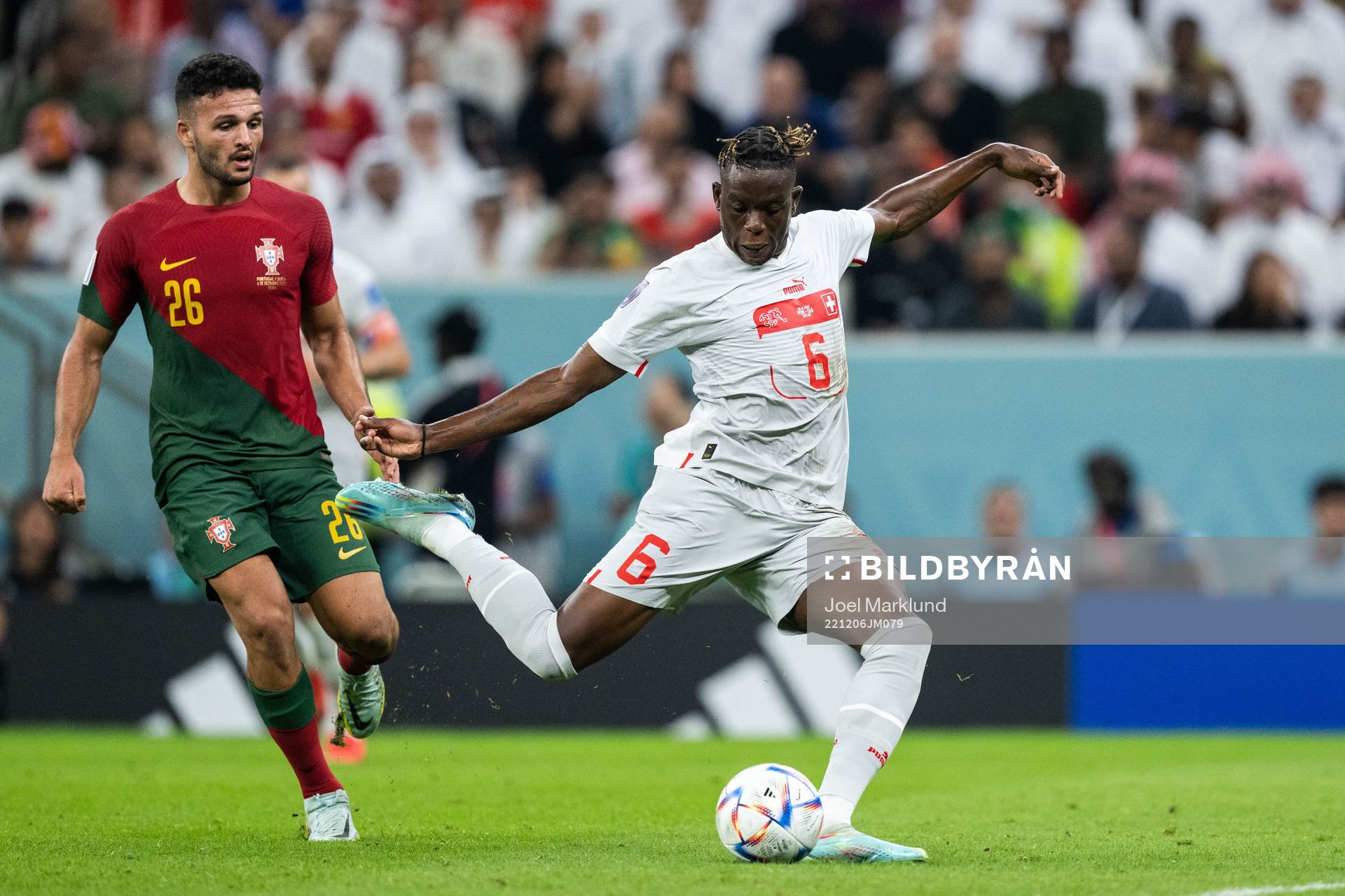Goncalo Ramos of Portugal and Denis Zakaria of Switzerland during the FIFA World Cup 2022 round of 16 football match between Portugal and Switzerland on December 6, 2022 in Doha. 