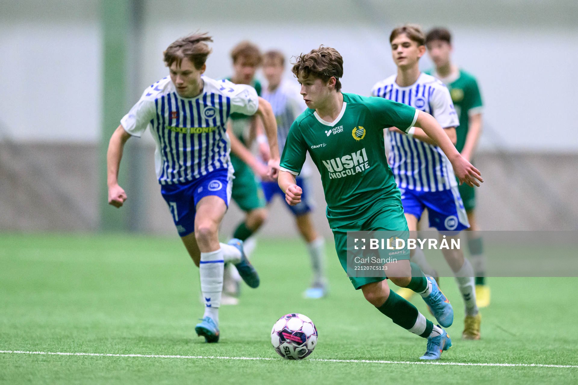 Hammarbys Gustav Andren under fotbollsmatchen i Skandinaviska Mästerskapen mellan Odense och Hammarby den 7 december 2022 i Borås.