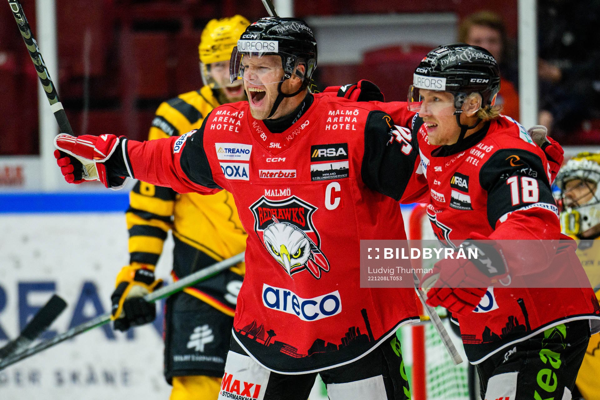 Malmö Redhawks Carl Söderberg jublar med Marcus Sylvegård