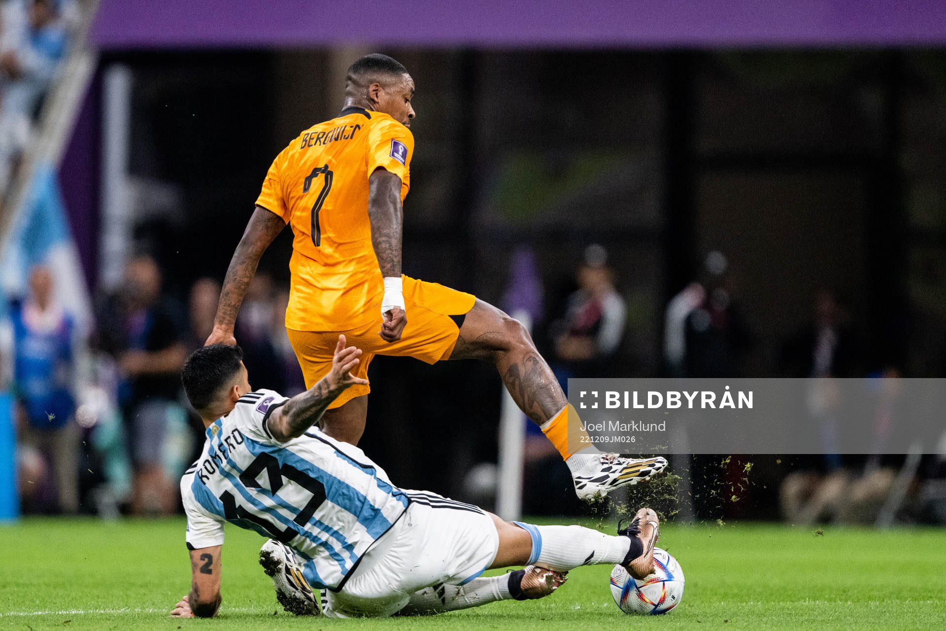 Cristian Romero of Argentina and Steven Bergwijn of