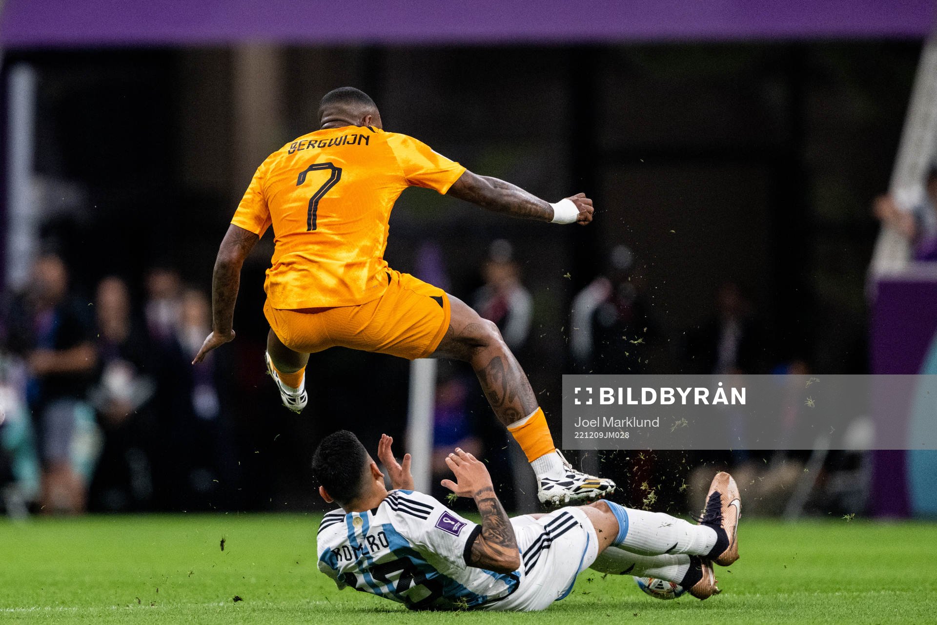Cristian Romero of Argentina and Steven Bergwijn of