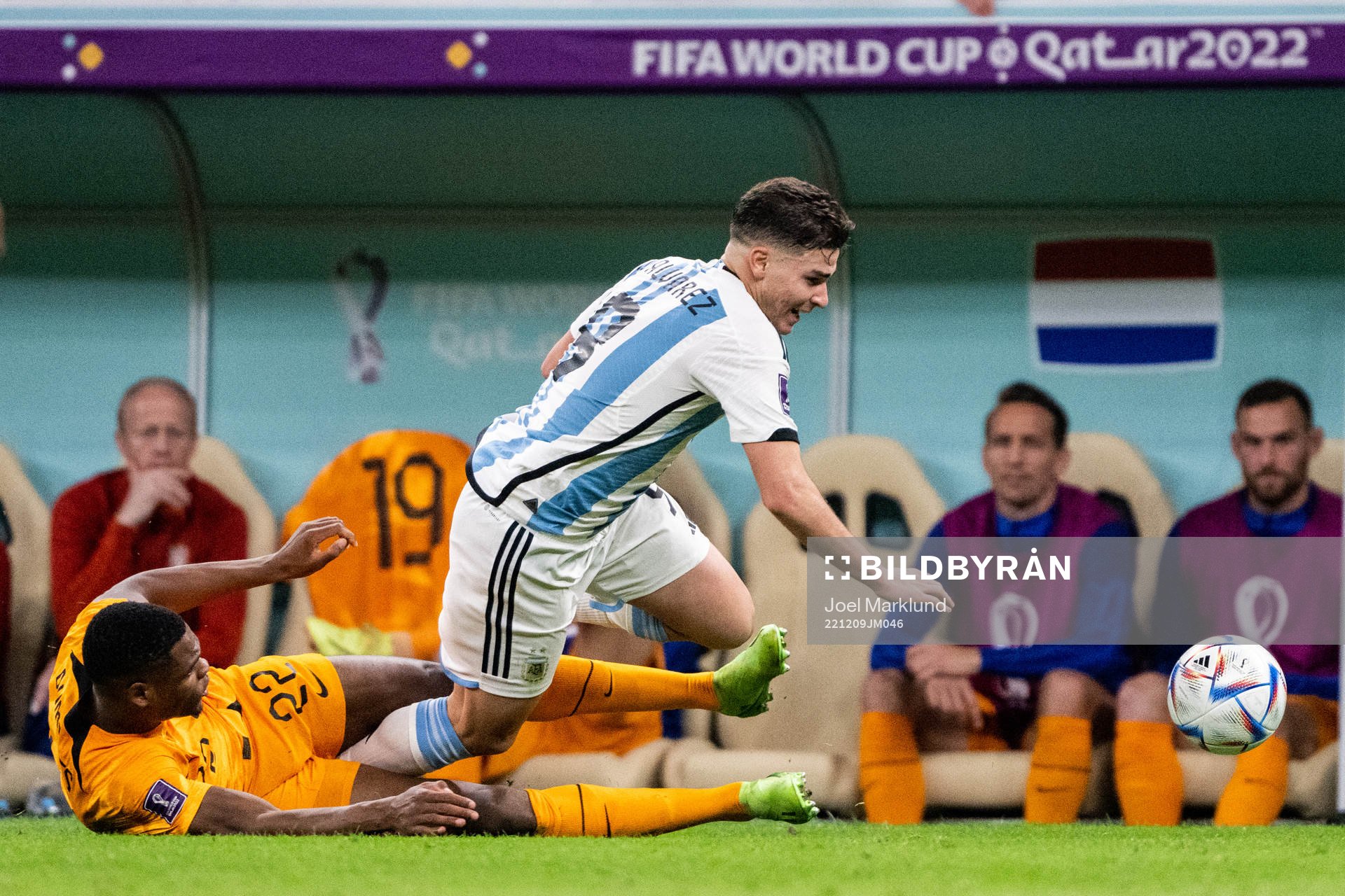 Denzel Dumfries of Netherlands and Julian Alvarez of