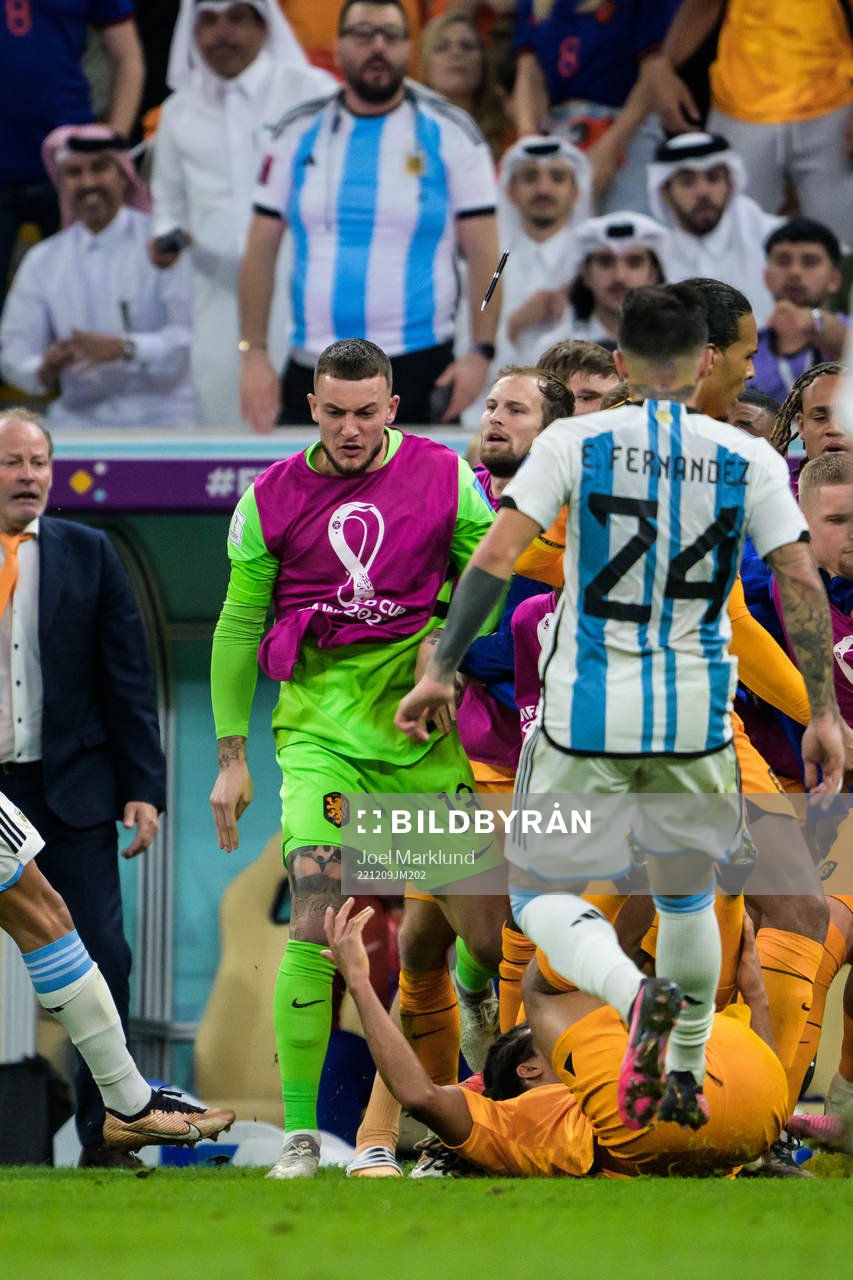 A pen is thrown onto the pitch as players of Netherlands