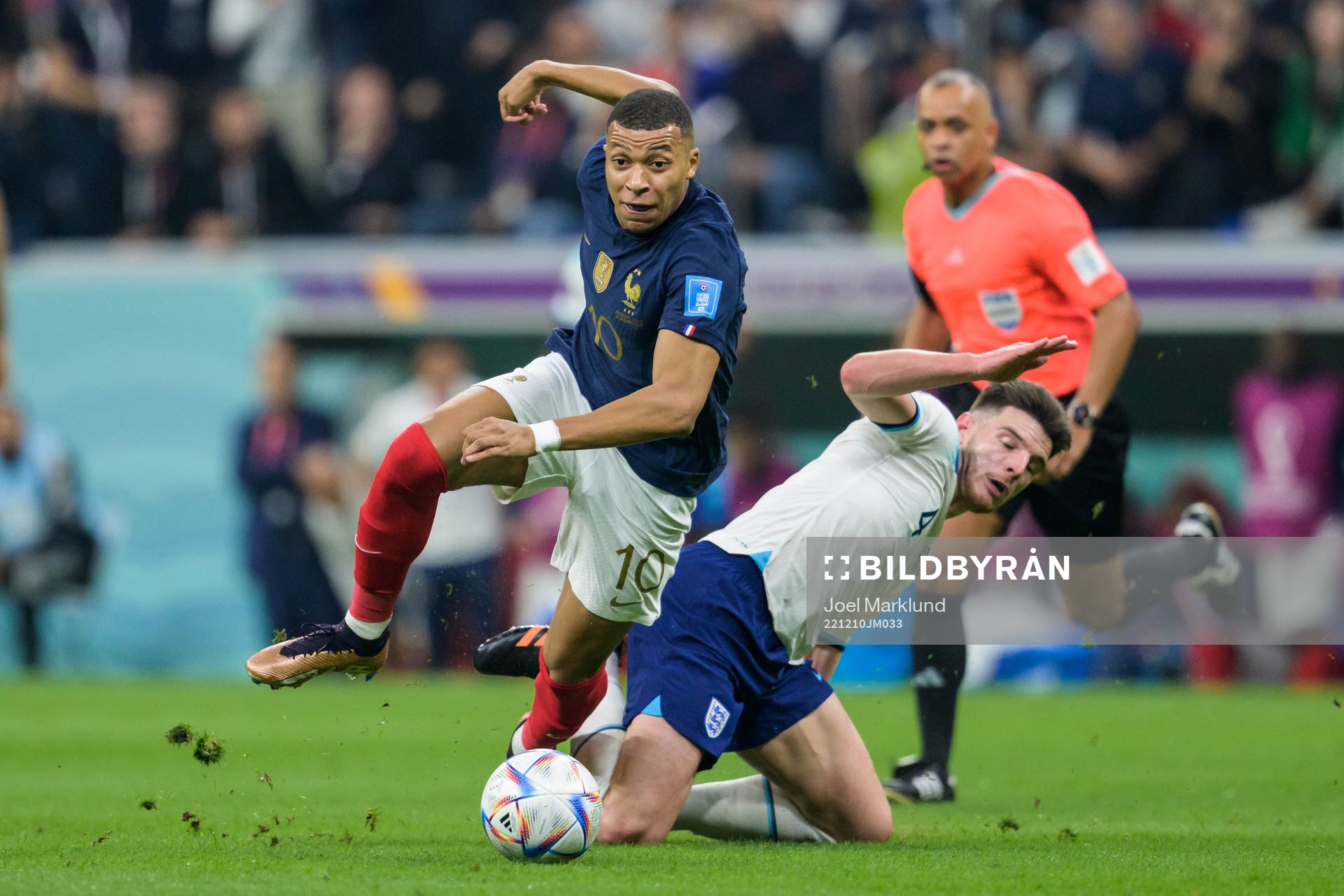Kylian Mbappe of France and Declan Rice of England during the FIFA World Cup 2022 quarterfinal between England and France on December 10, 2022 in Doha.
