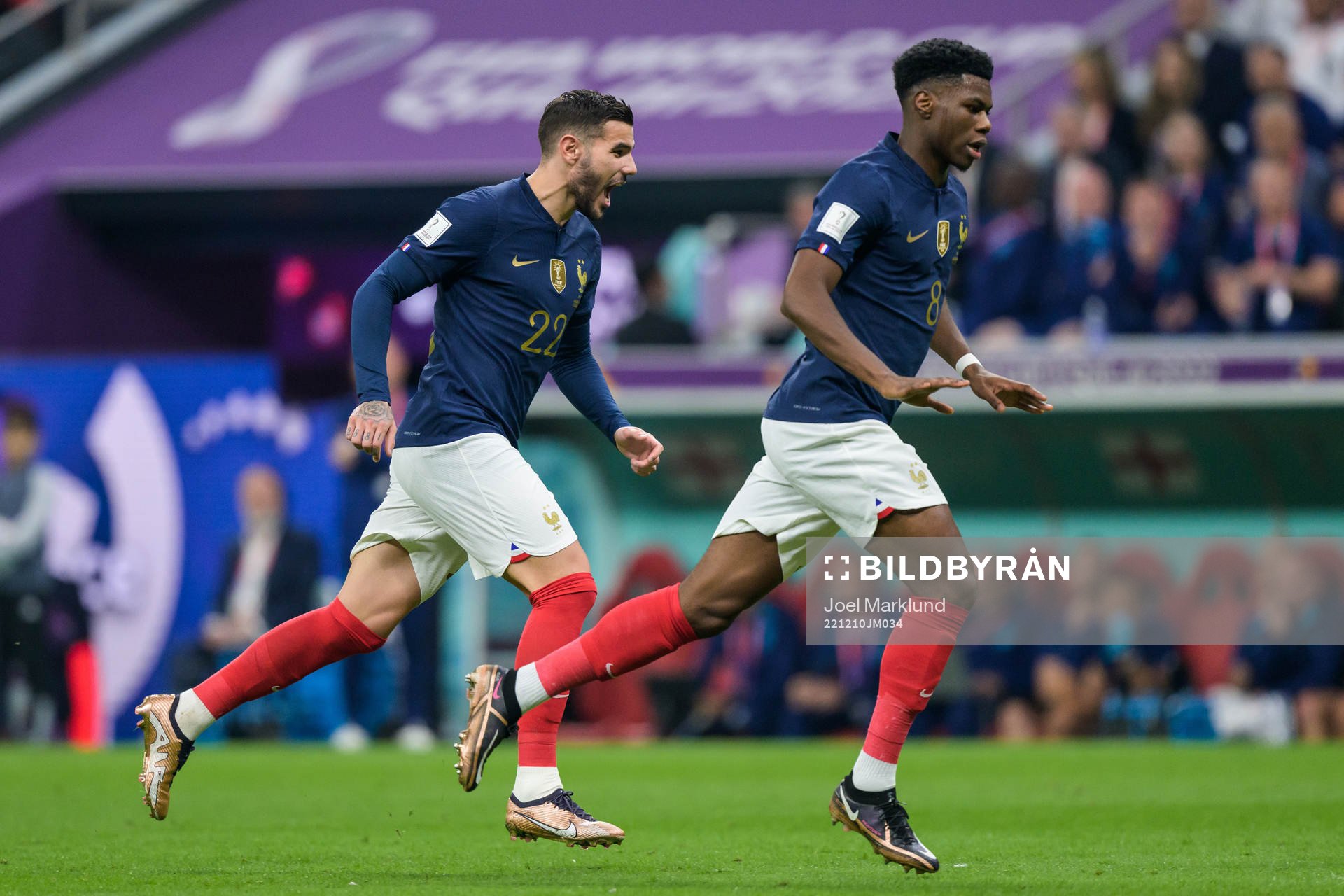 Theo Hernandez and Aurelien Tchouameni of France celebrate after scoring 0-1 during the FIFA World Cup 2022 quarterfinal between England and France on December 10, 2022 in Doha. 