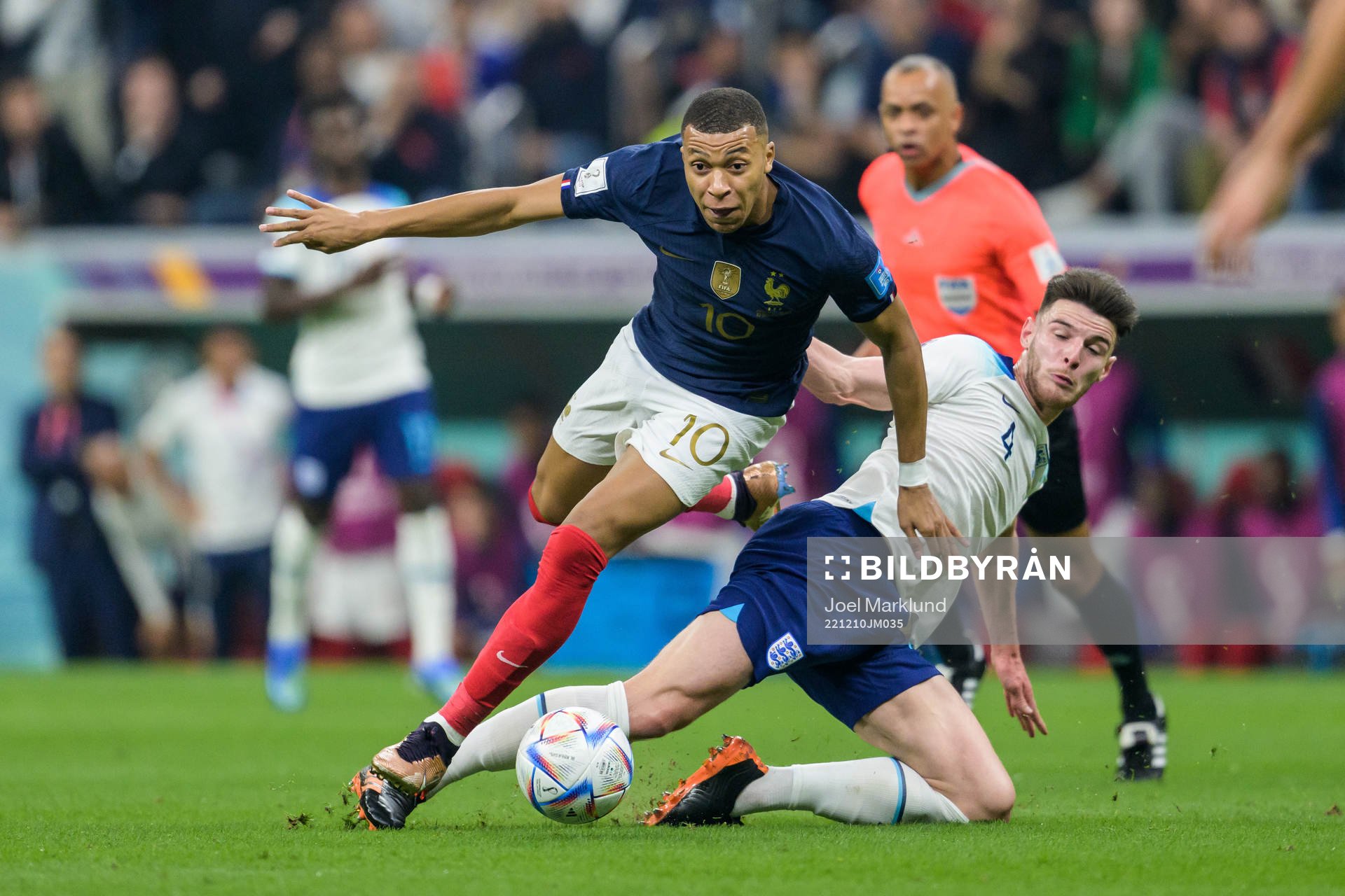 Kylian Mbappe of France and Declan Rice of England during the FIFA World Cup 2022 quarterfinal between England and France on December 10, 2022 in Doha.