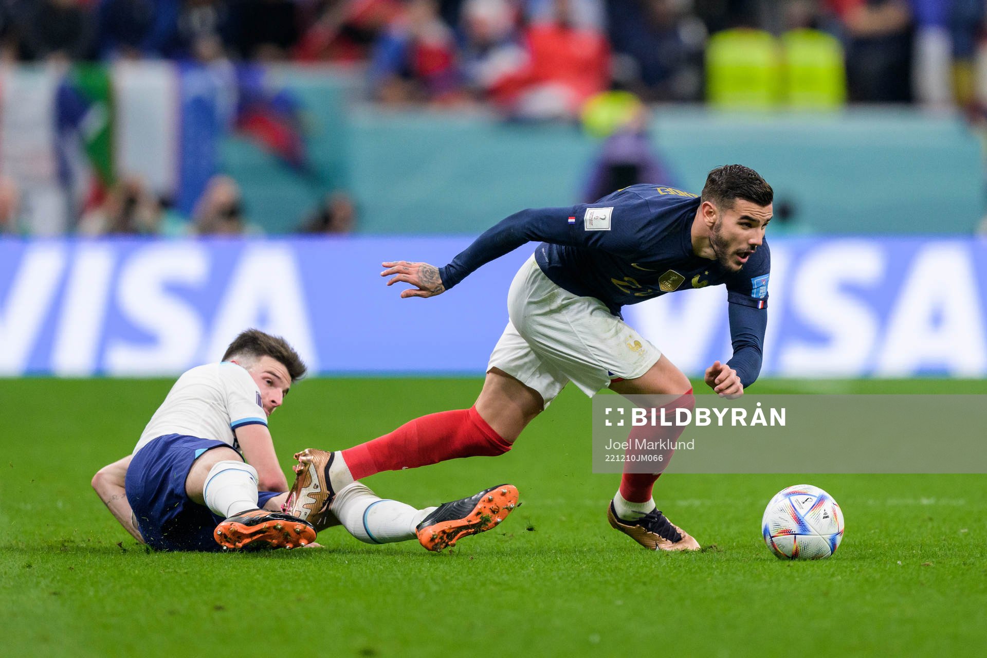Declan Rice of England and Theo Hernandez of France during the FIFA World Cup 2022 quarterfinal between England and France on December 10, 2022 in Doha.