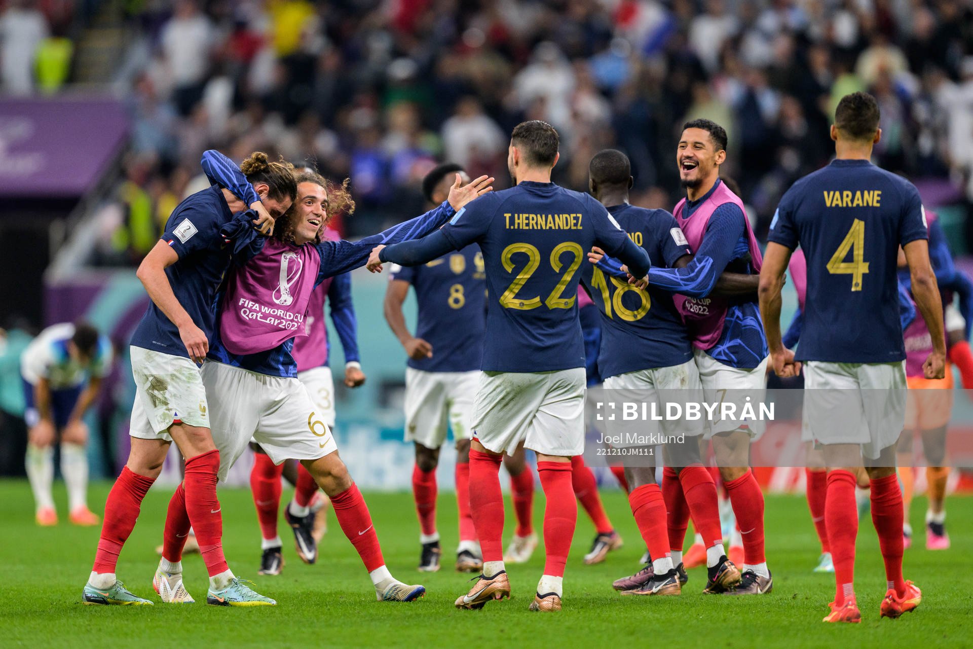 Adrien Rabiot and Matteo Guendouzi of France celebrate after the FIFA World Cup 2022 quarterfinal between England and France on December 10, 2022 in Doha.